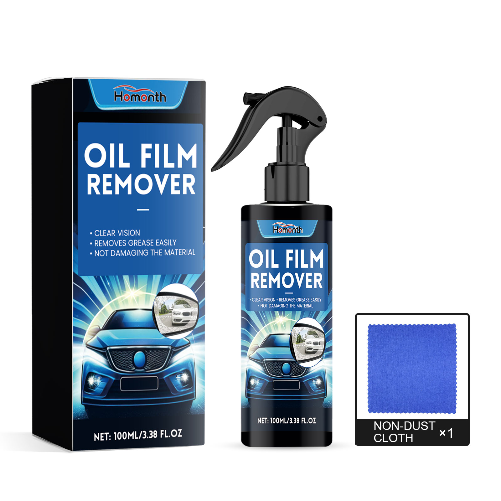 Windshield oil film remover bottle and box close view