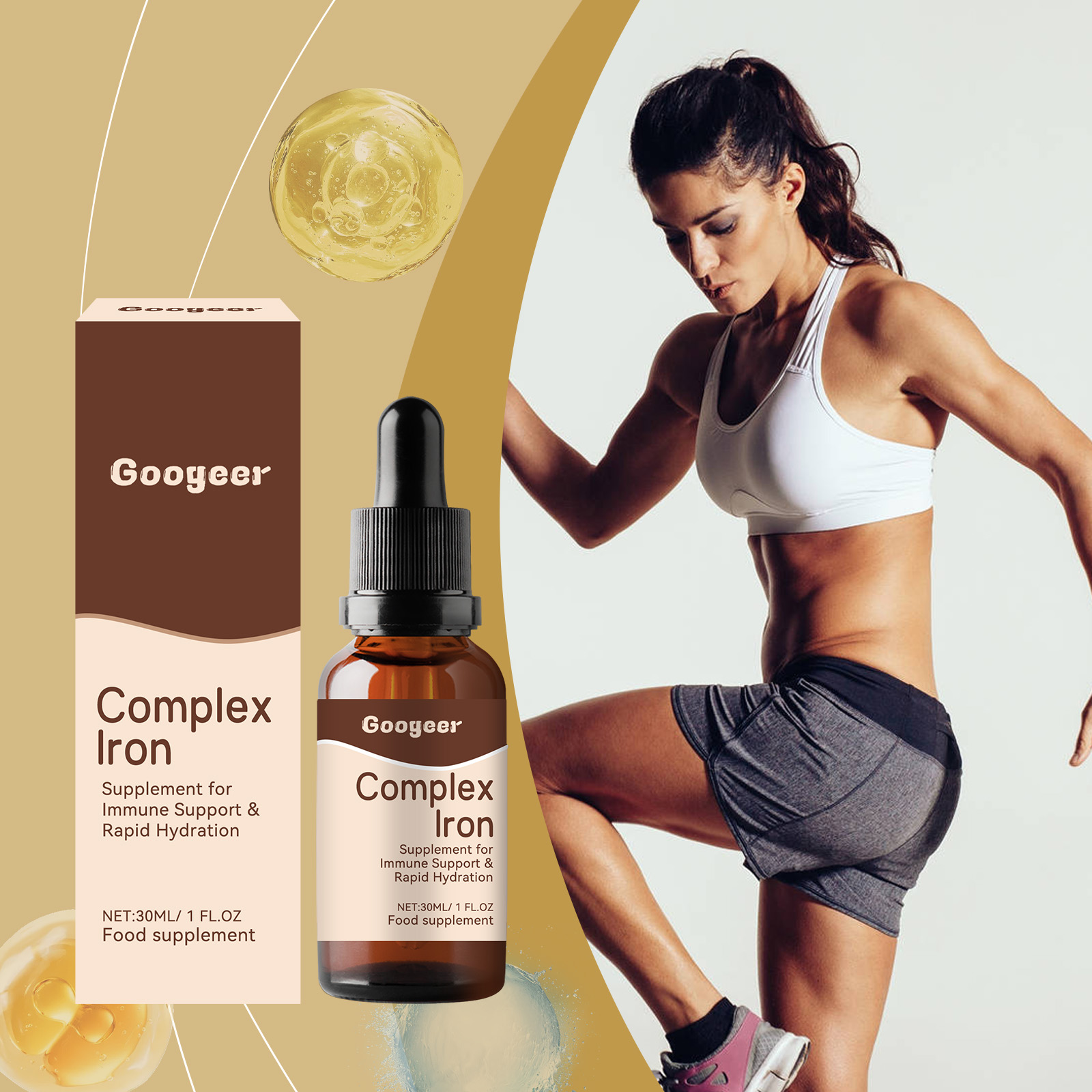 Compact iron supplement beside active lifestyle scene