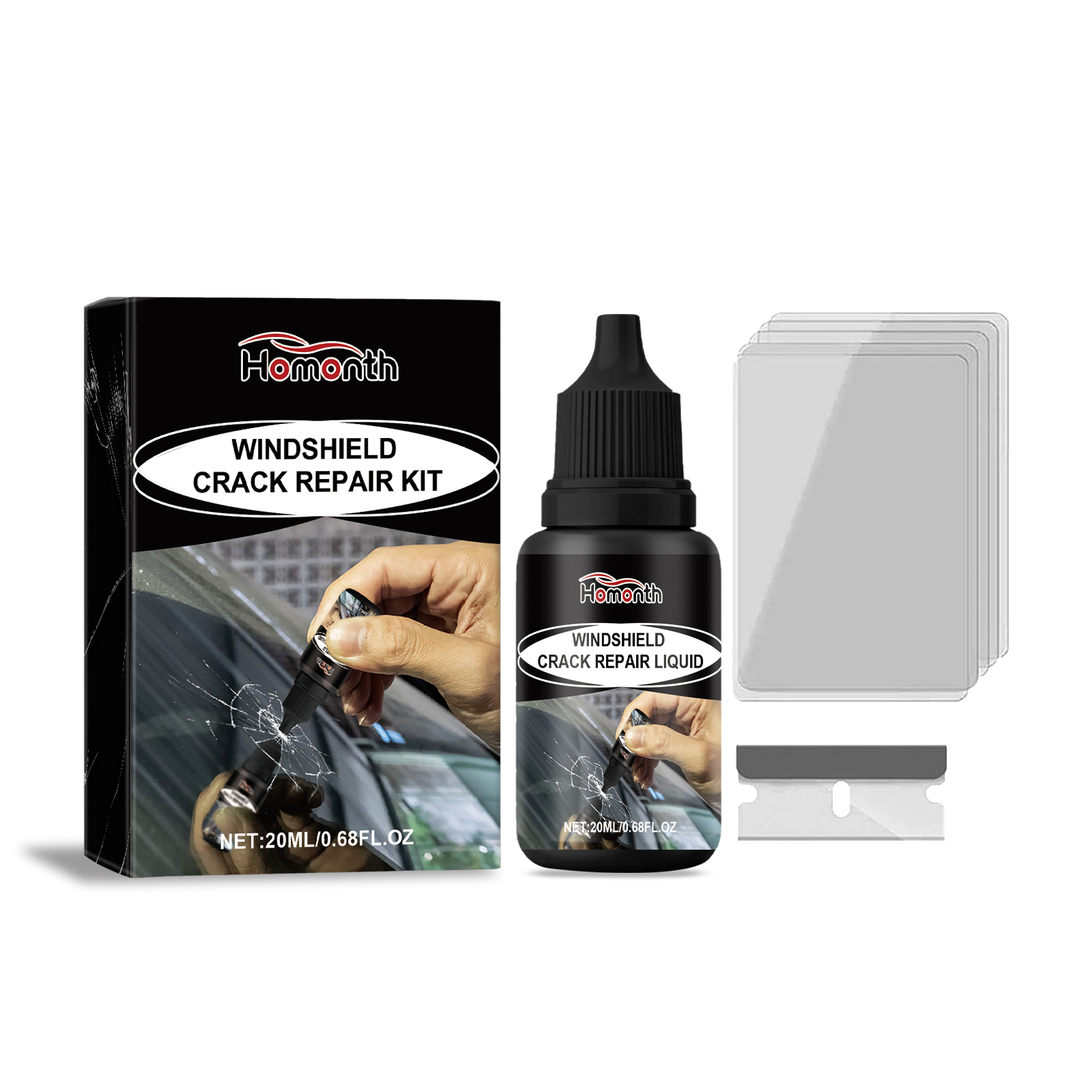 Black dropper bottle beside windshield repair materials