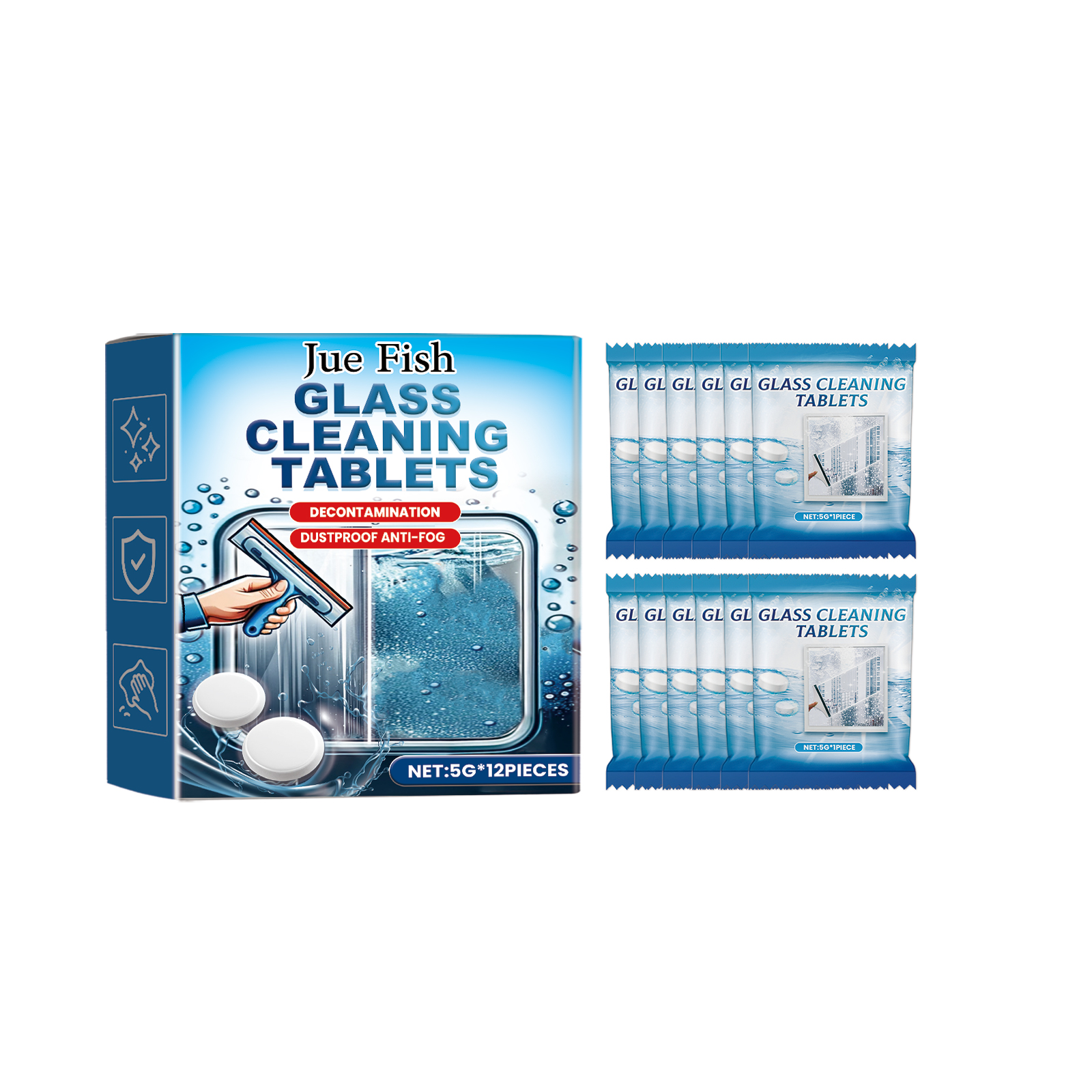 Individually packaged glass cleaning tablet sachets