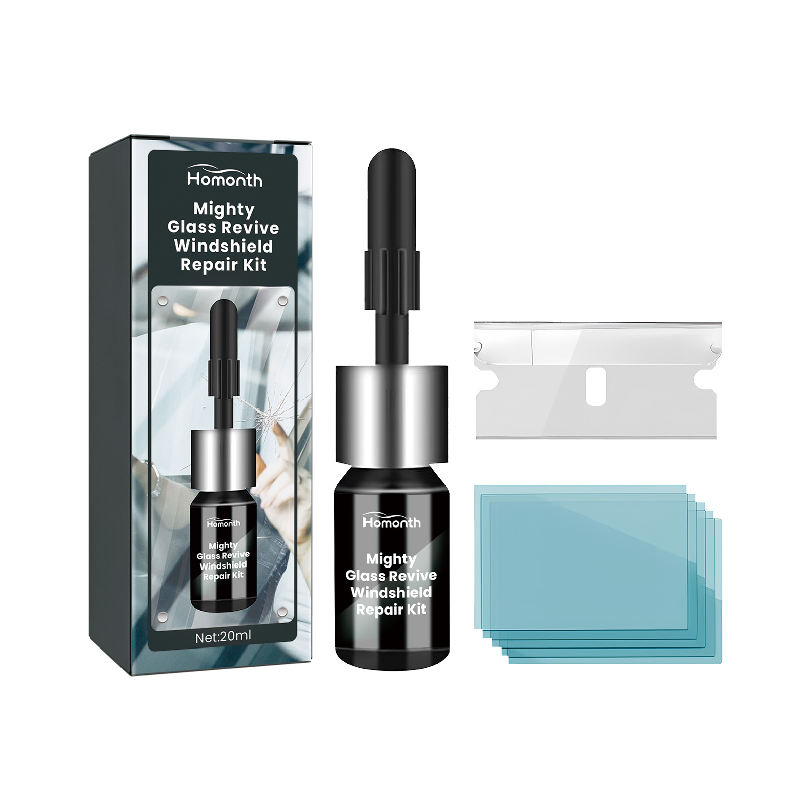 Complete repair kit with bottle, box, razor, and films