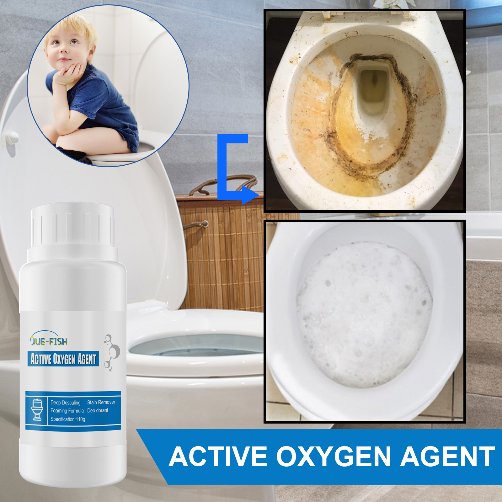 Toilet cleaner beside stained and foamy bowl images