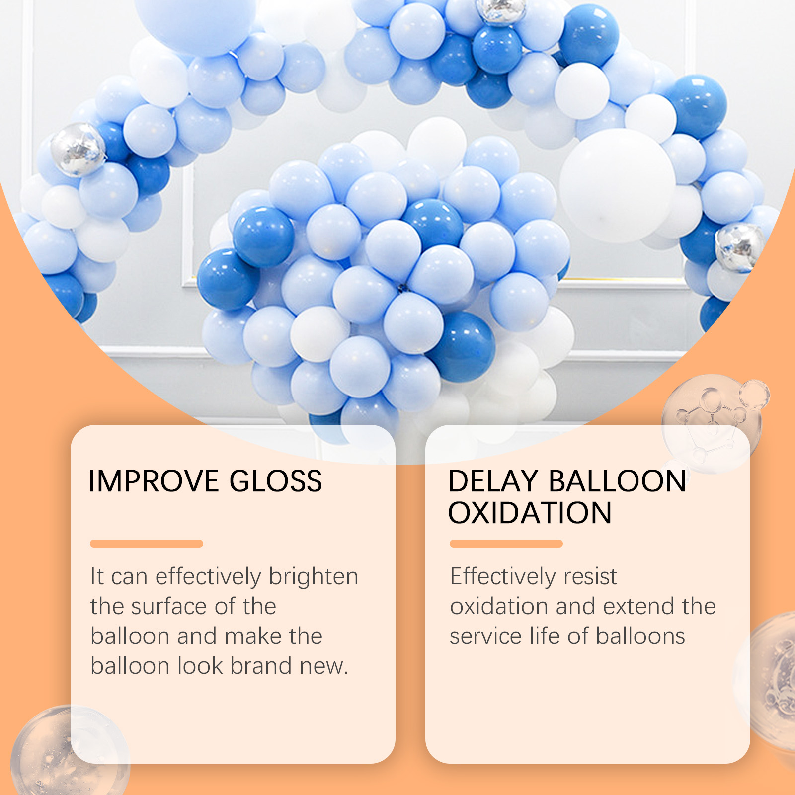 Balloon care benefits shown beside blue arrangement