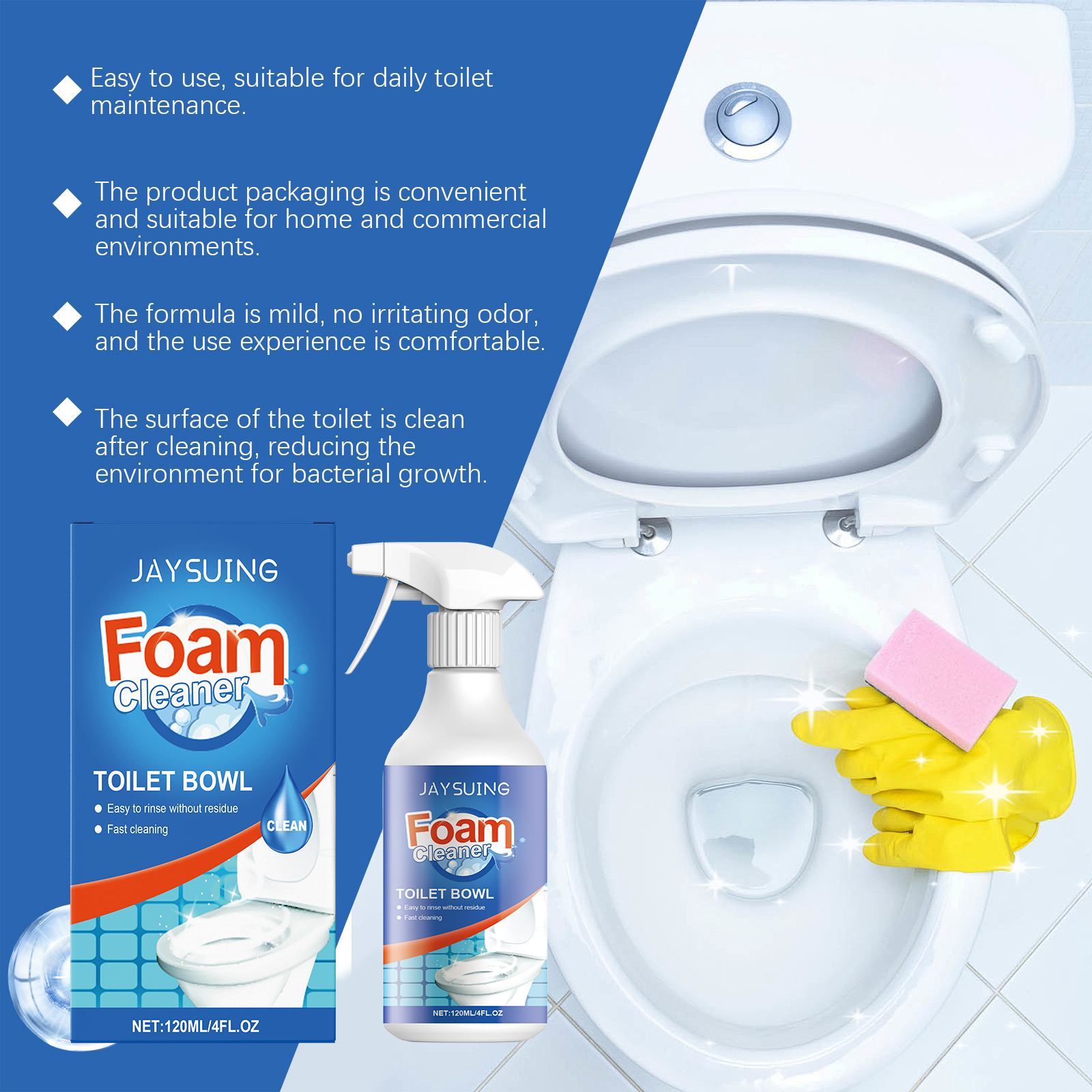 Trigger spray cleaner beside toilet and yellow gloves