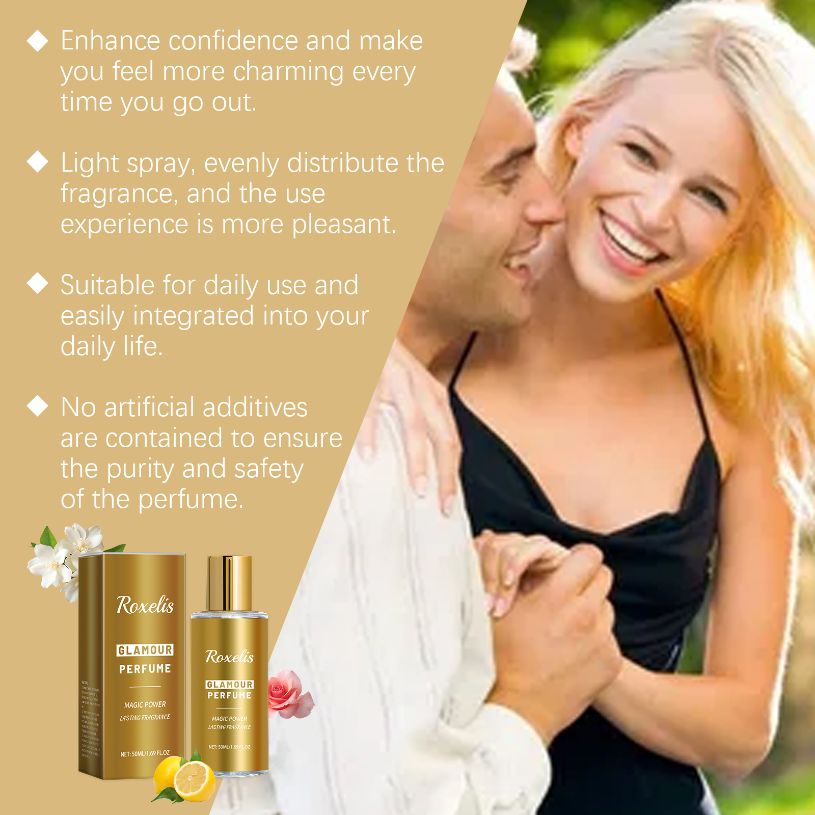 Perfume bottle beside couple in a bright floral setting