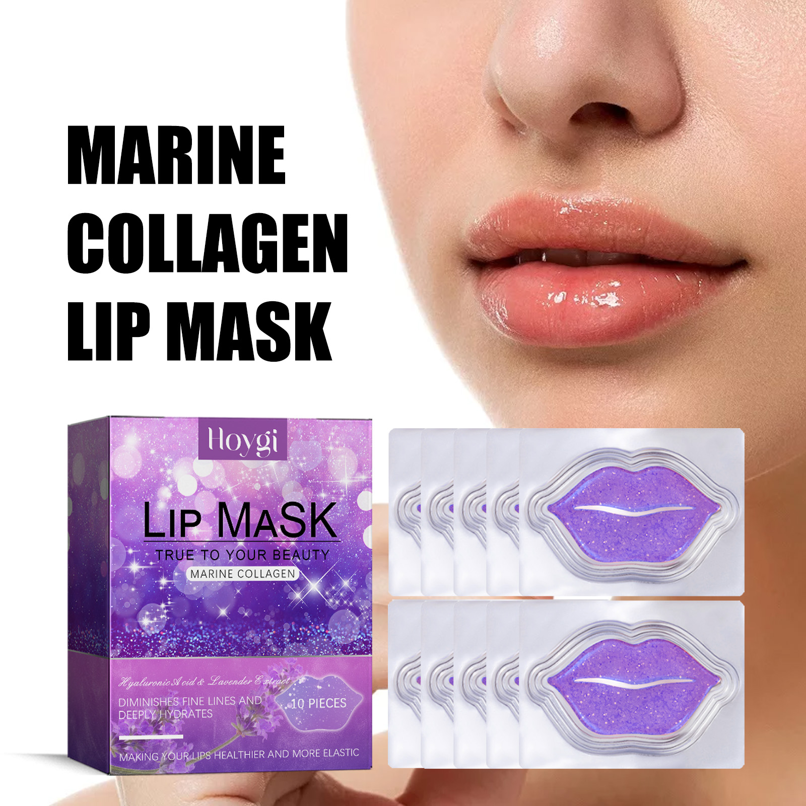 Lip-shaped purple hydrogel patch shown beside glossy lips