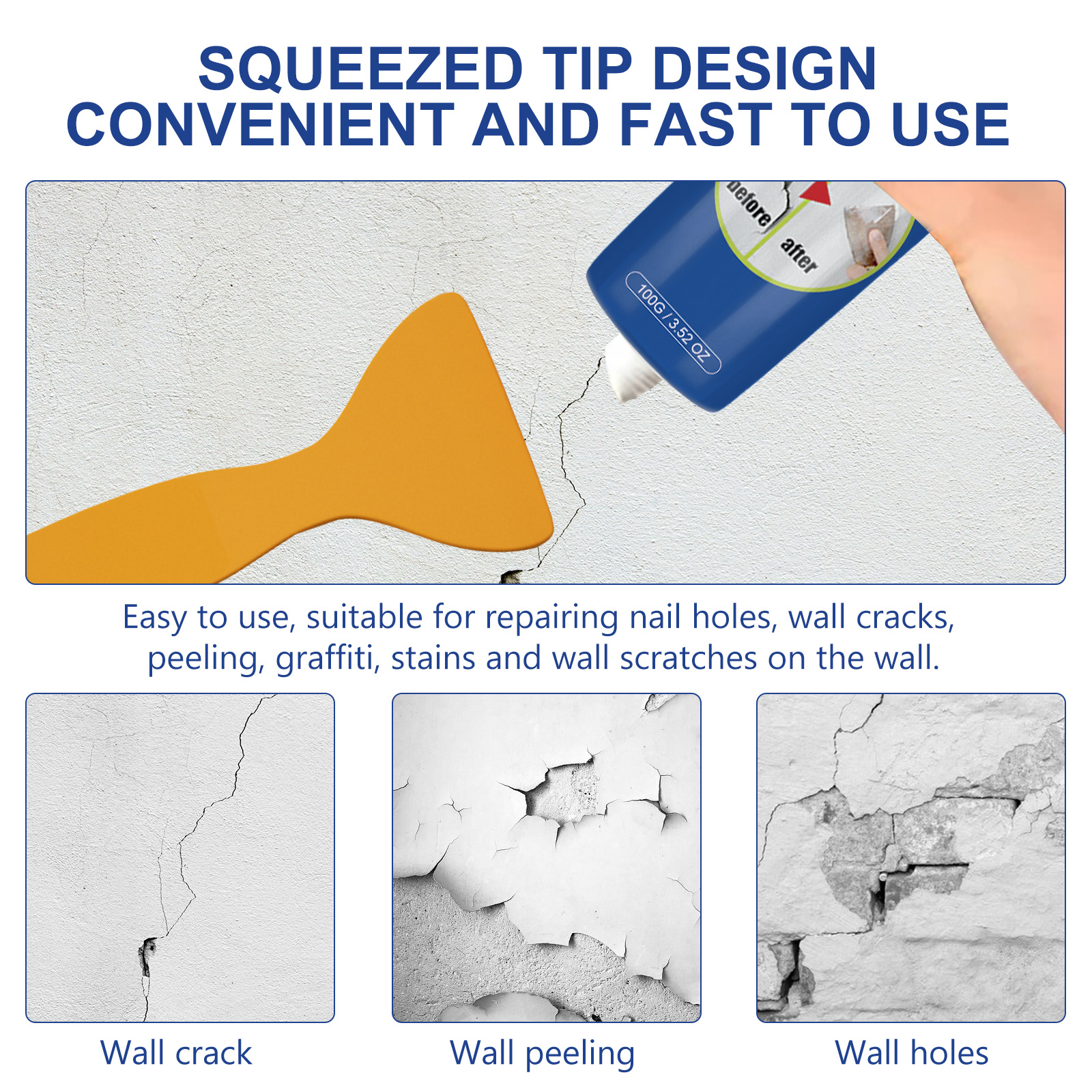 Pointed nozzle applying paste to wall damage