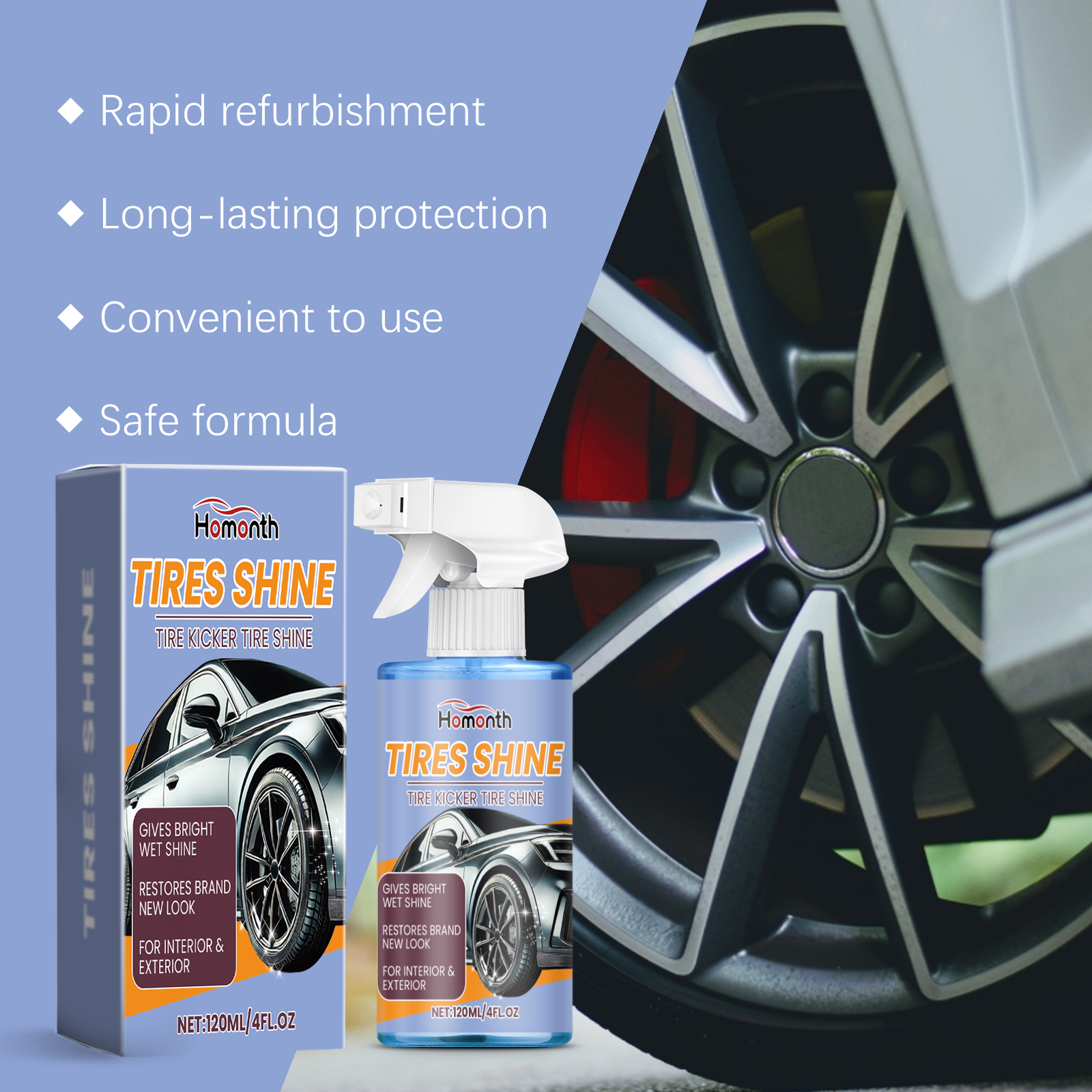 Finished tire and wheel showing dark wet shine