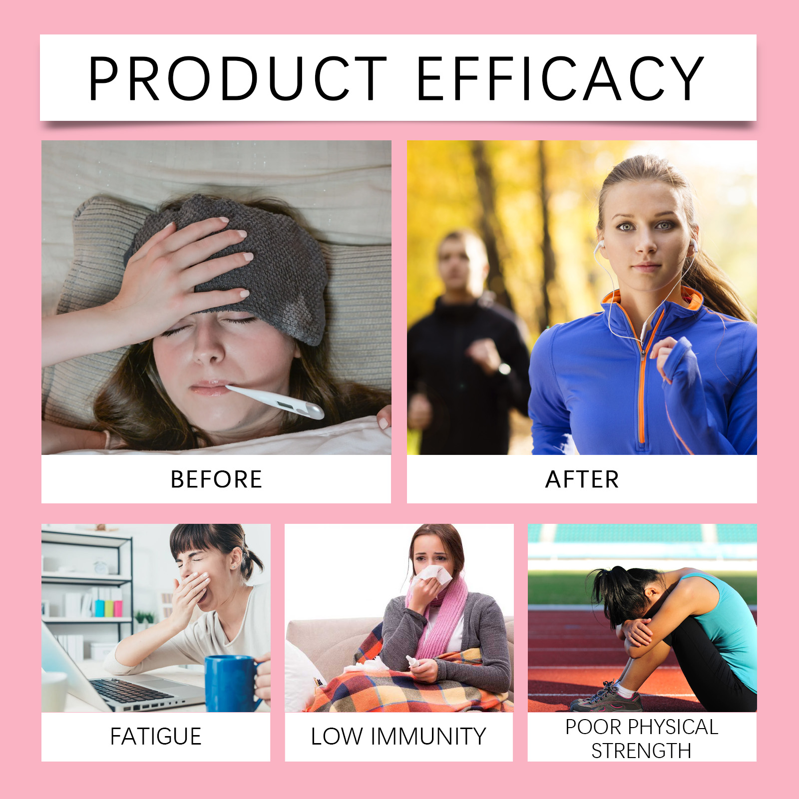 Promotional wellness graphic beside women's vitamin product