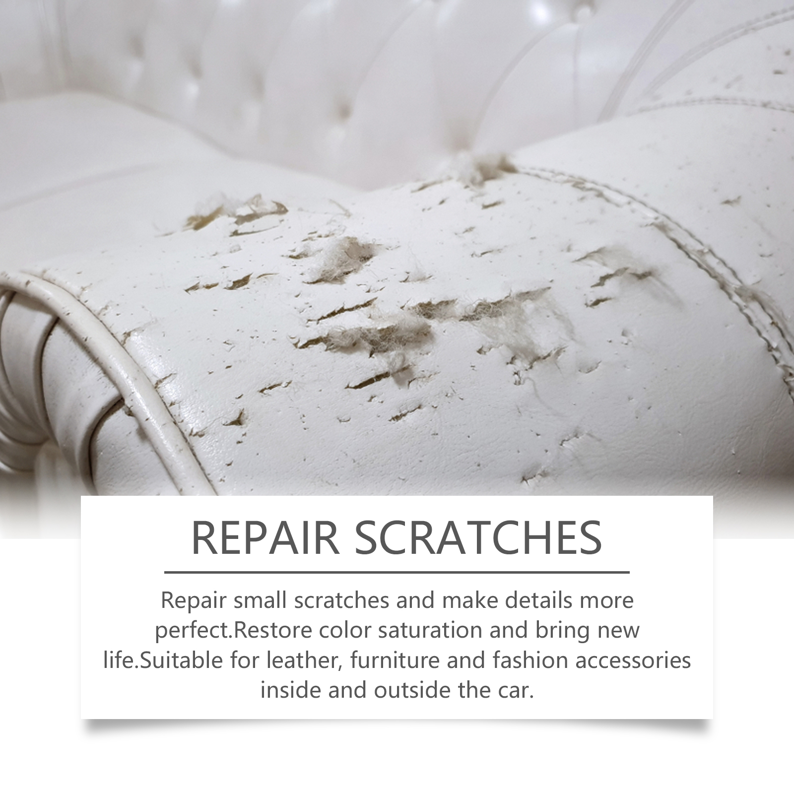 Scratched leather surface shown for repair care