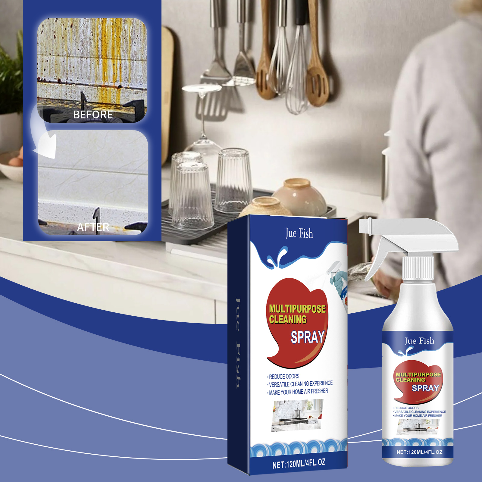 Cleaning spray shown in a kitchen stain scene