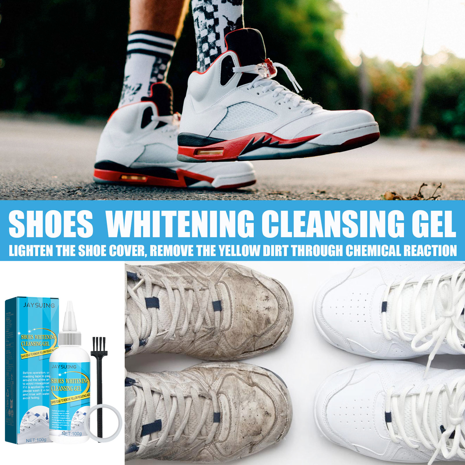 Compact shoe whitening gel bottle beside a white sneaker