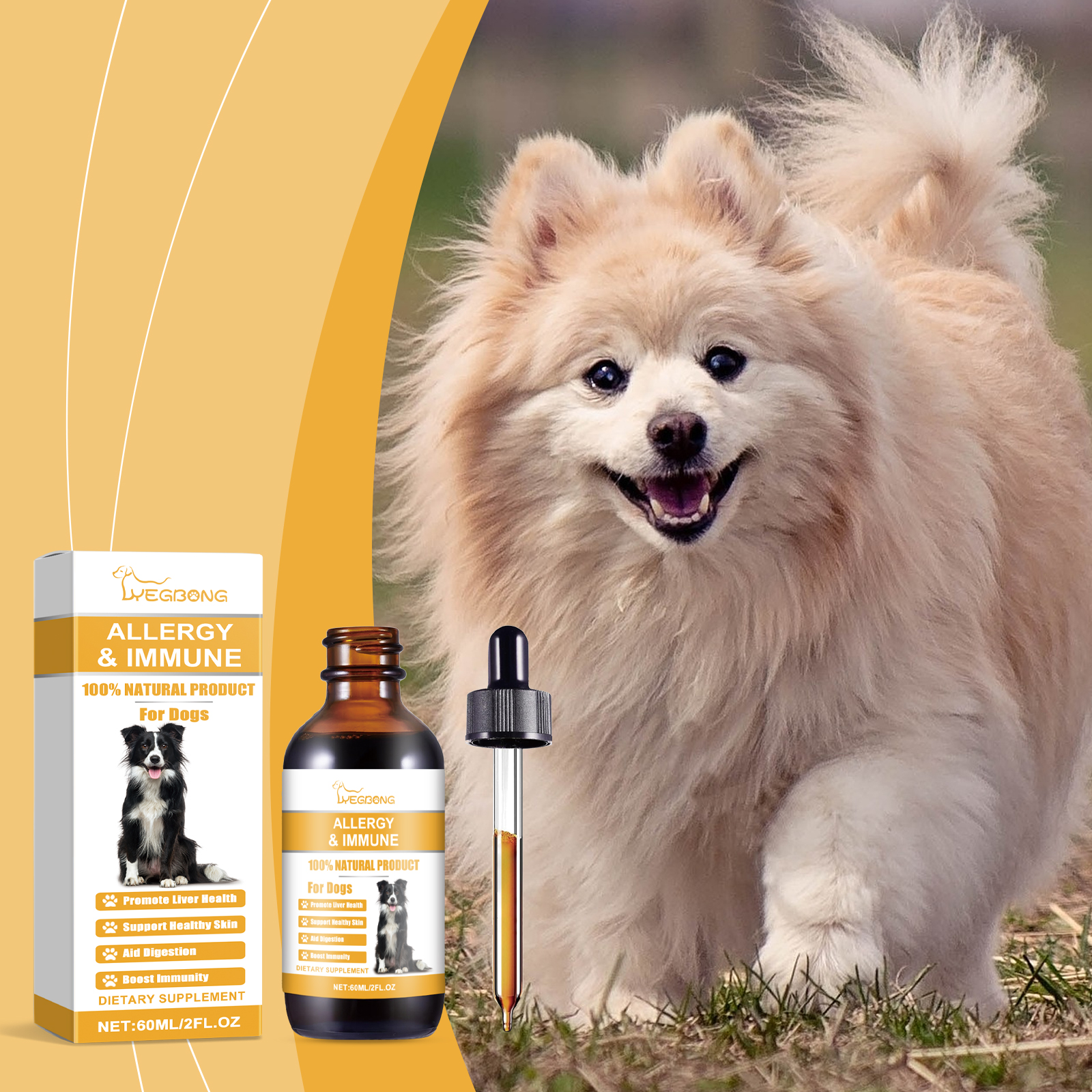 Dog resting beside allergy and immune support drops