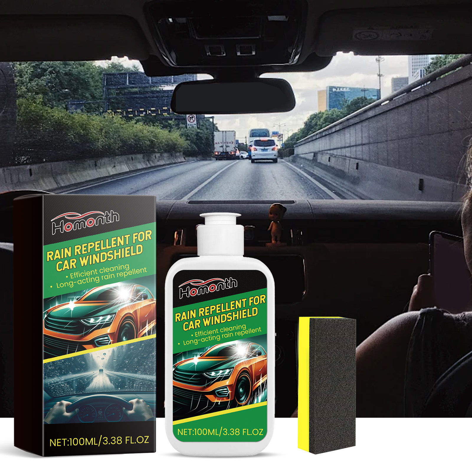 Windshield treatment kit shown inside a rainy car scene