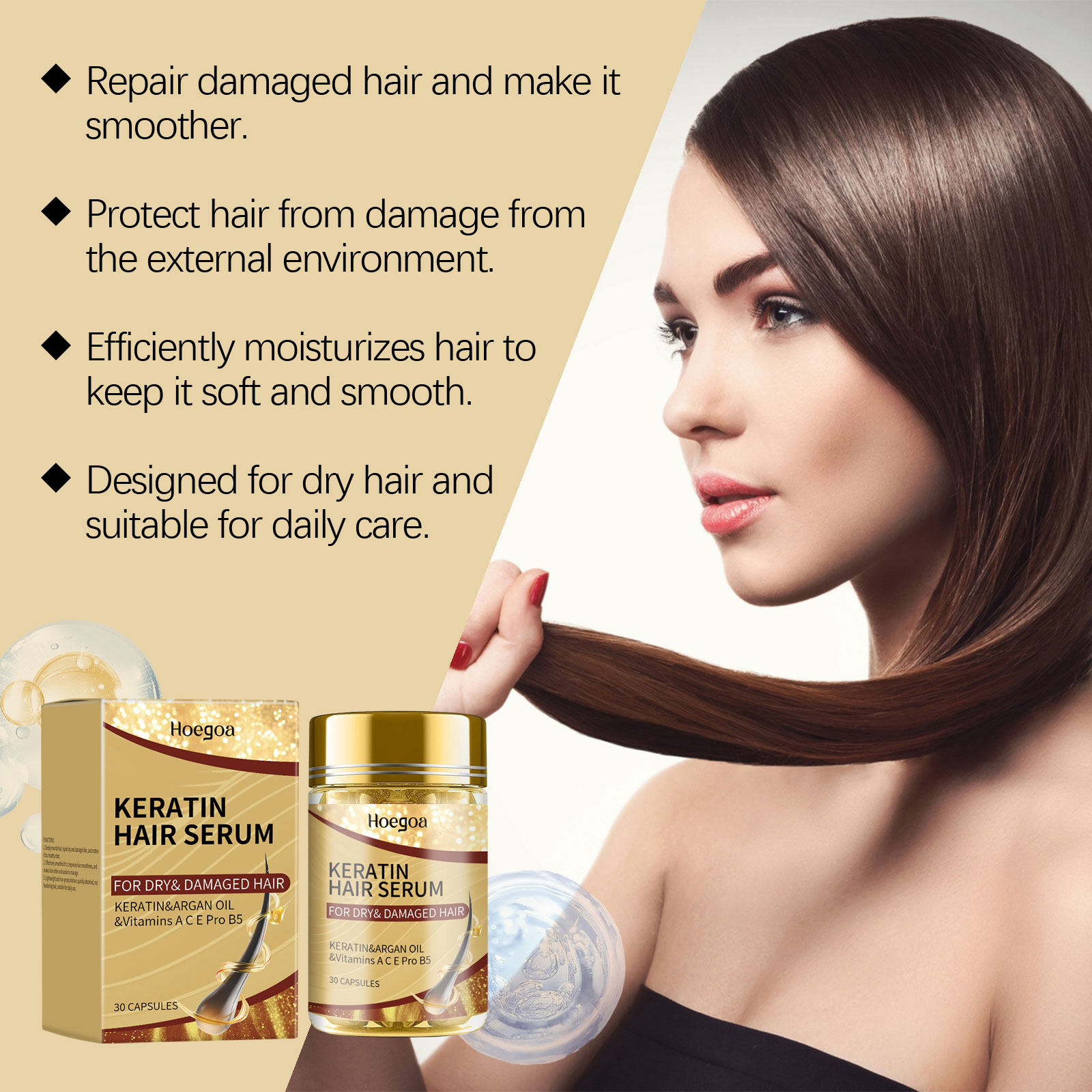 Hair serum packaging with smoothing and daily care benefits