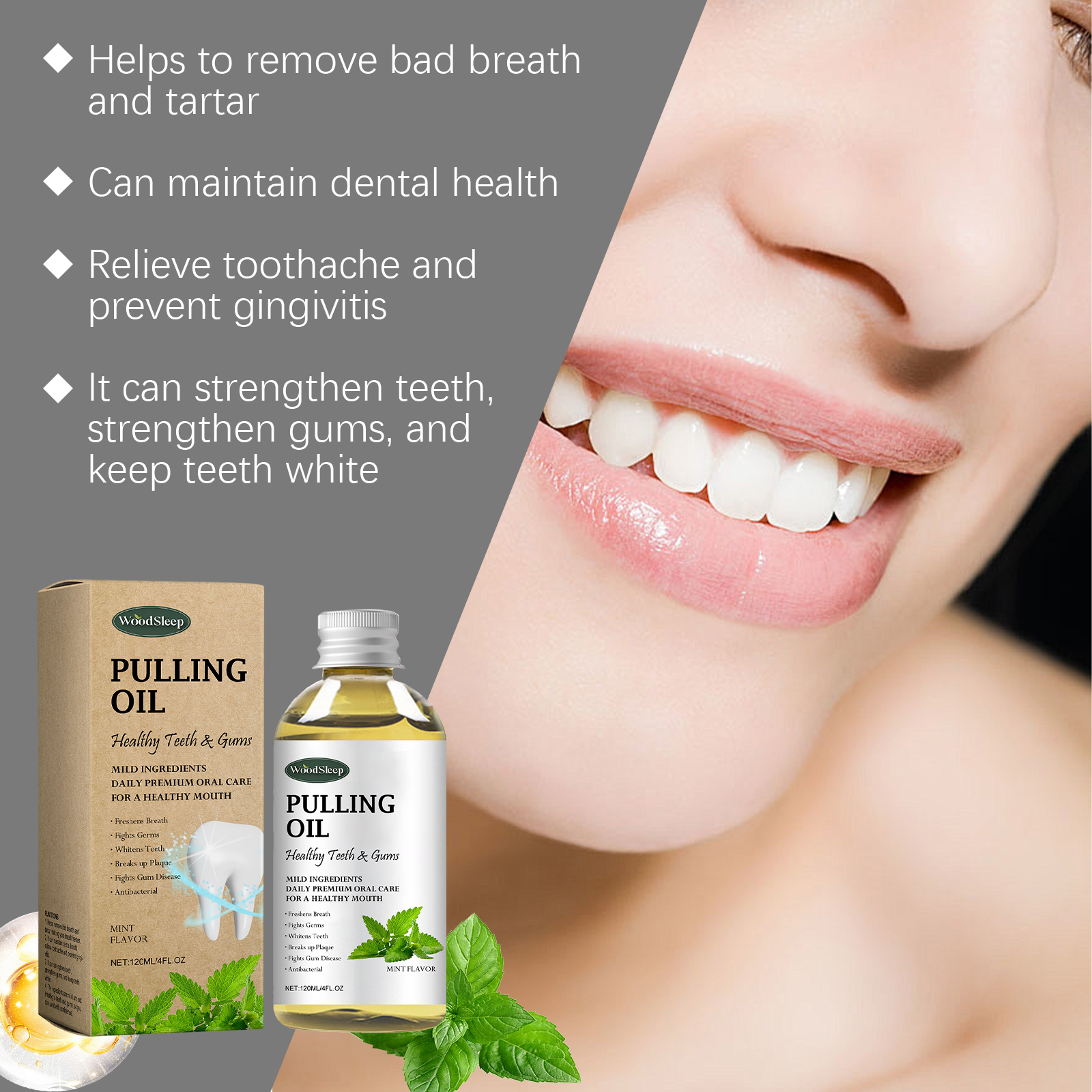WoodSleep Pulling Oil benefits list showing freshens breath, fights germs, and whitens teeth