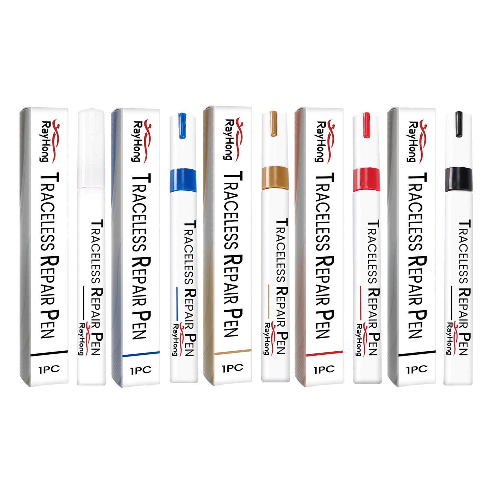 Color-coded car paint pens in packaged lineup