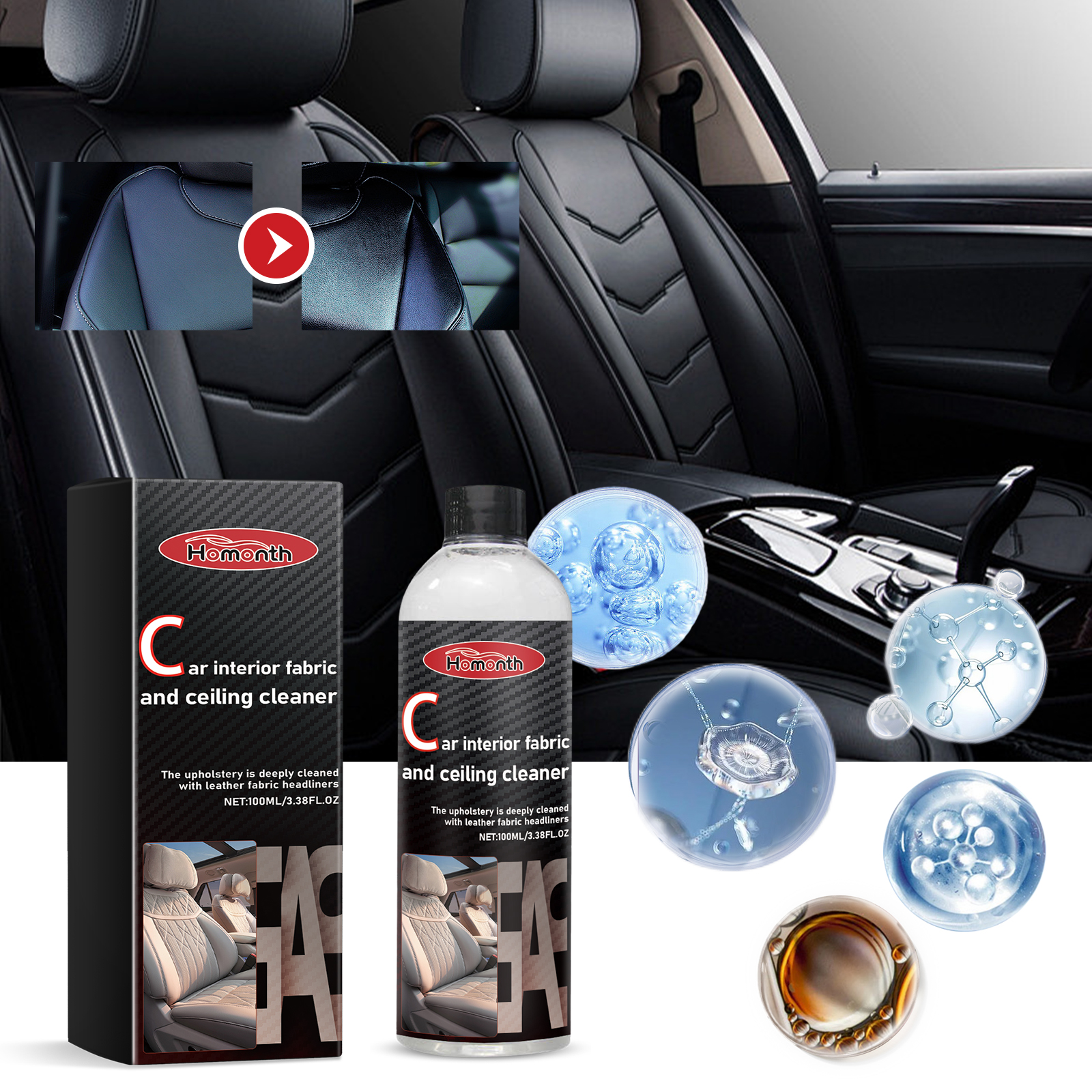 Cleaner staged beside leather vehicle seat