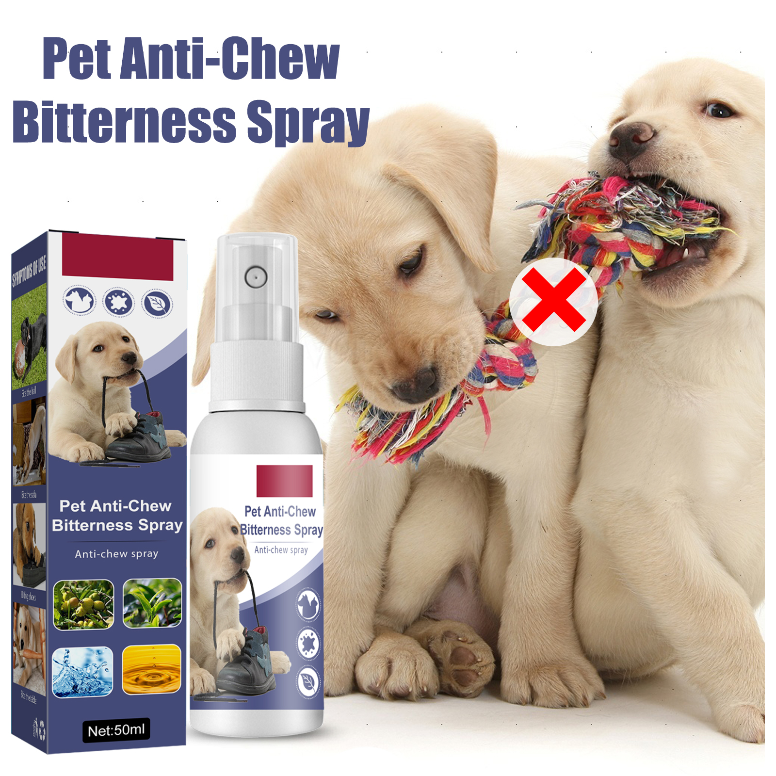 Bitter anti-chew spray beside puppies and furniture