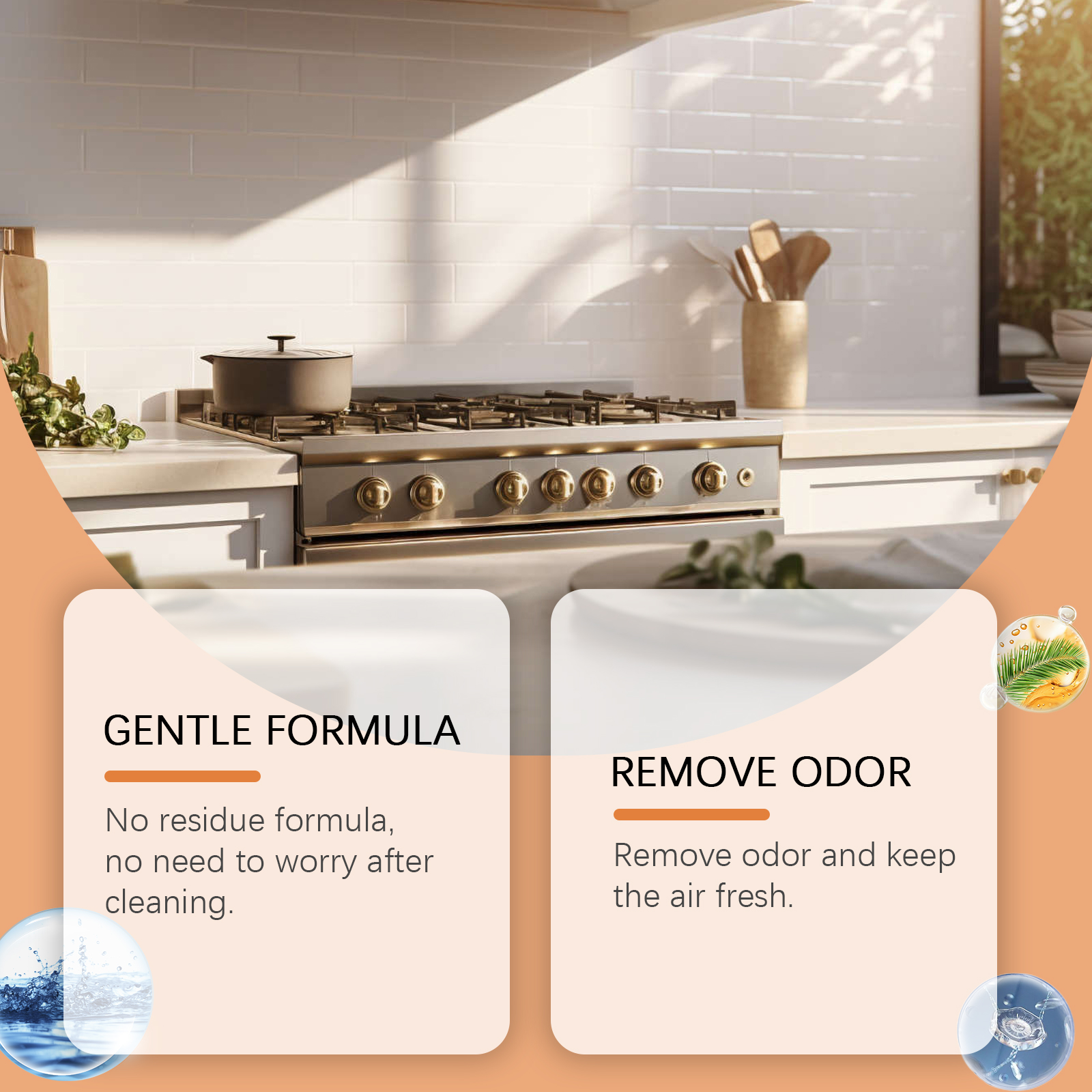 Bright kitchen range with citrus freshening cleaner claims