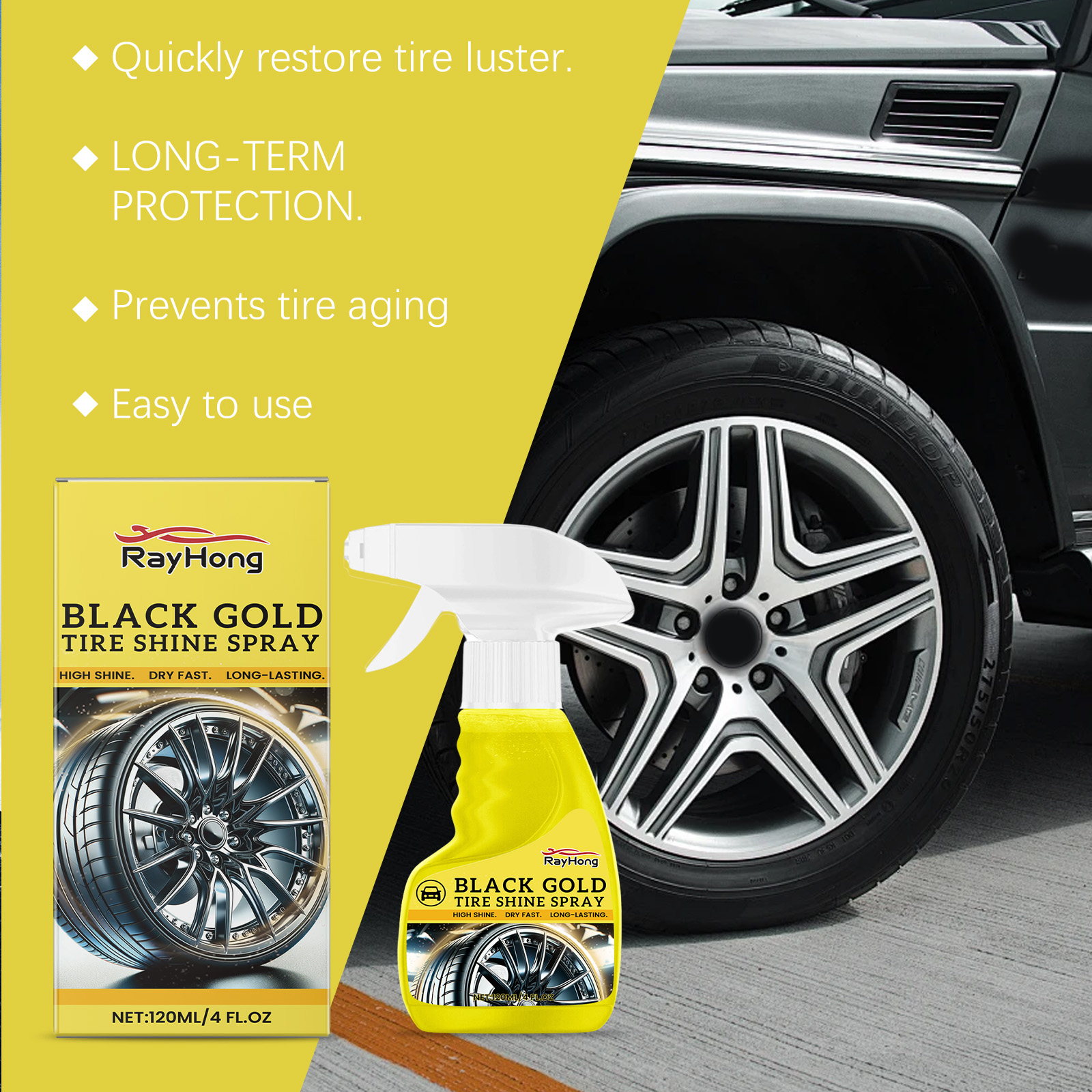 Tire spray product beside clean wheel detail