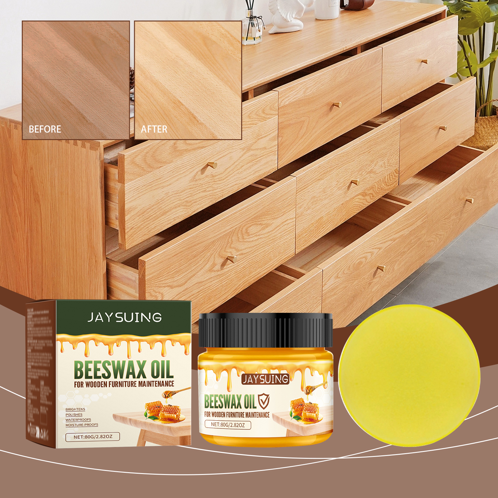 Wooden dresser with brighter polished-looking finish
