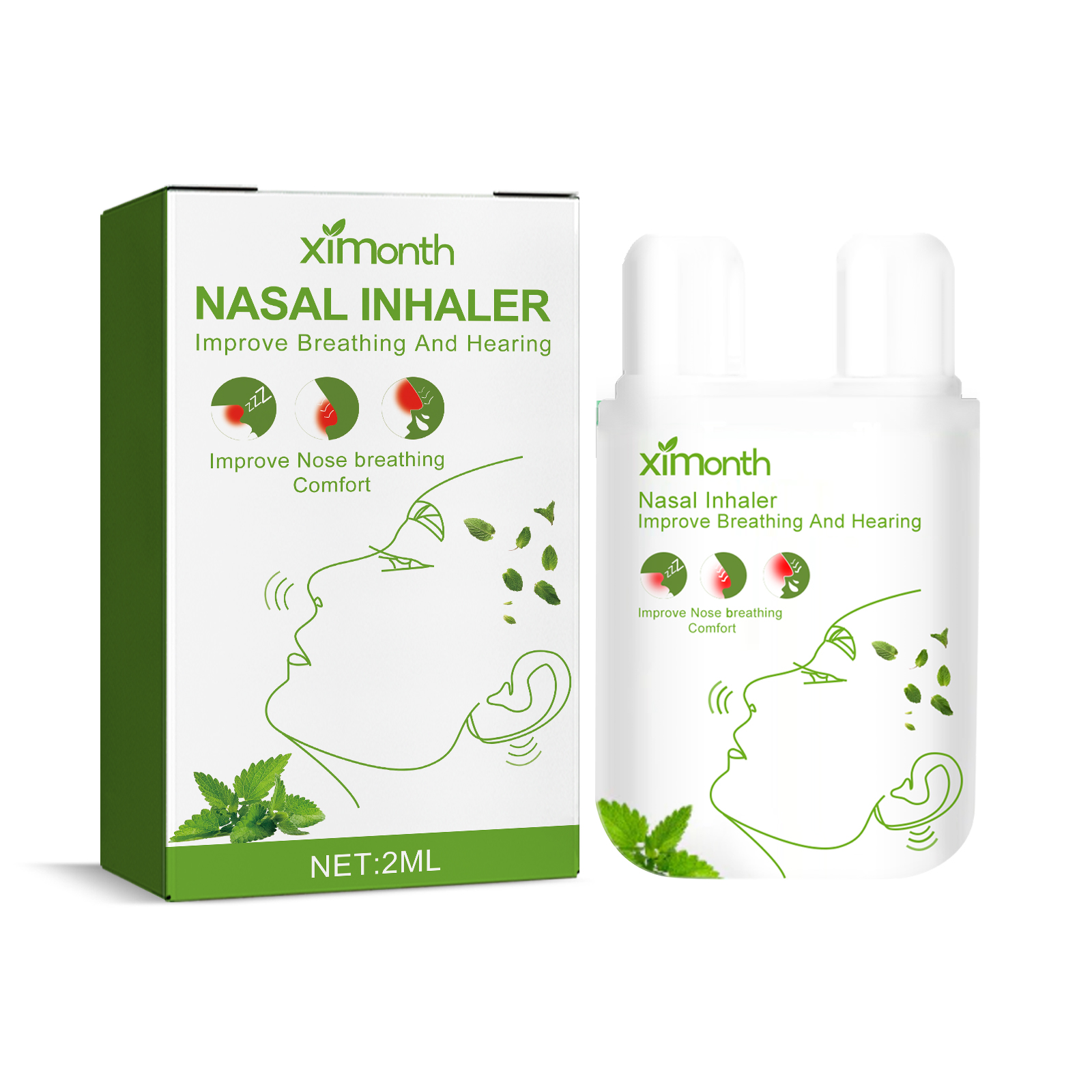 Ximonth inhaler bottle and green botanical retail carton