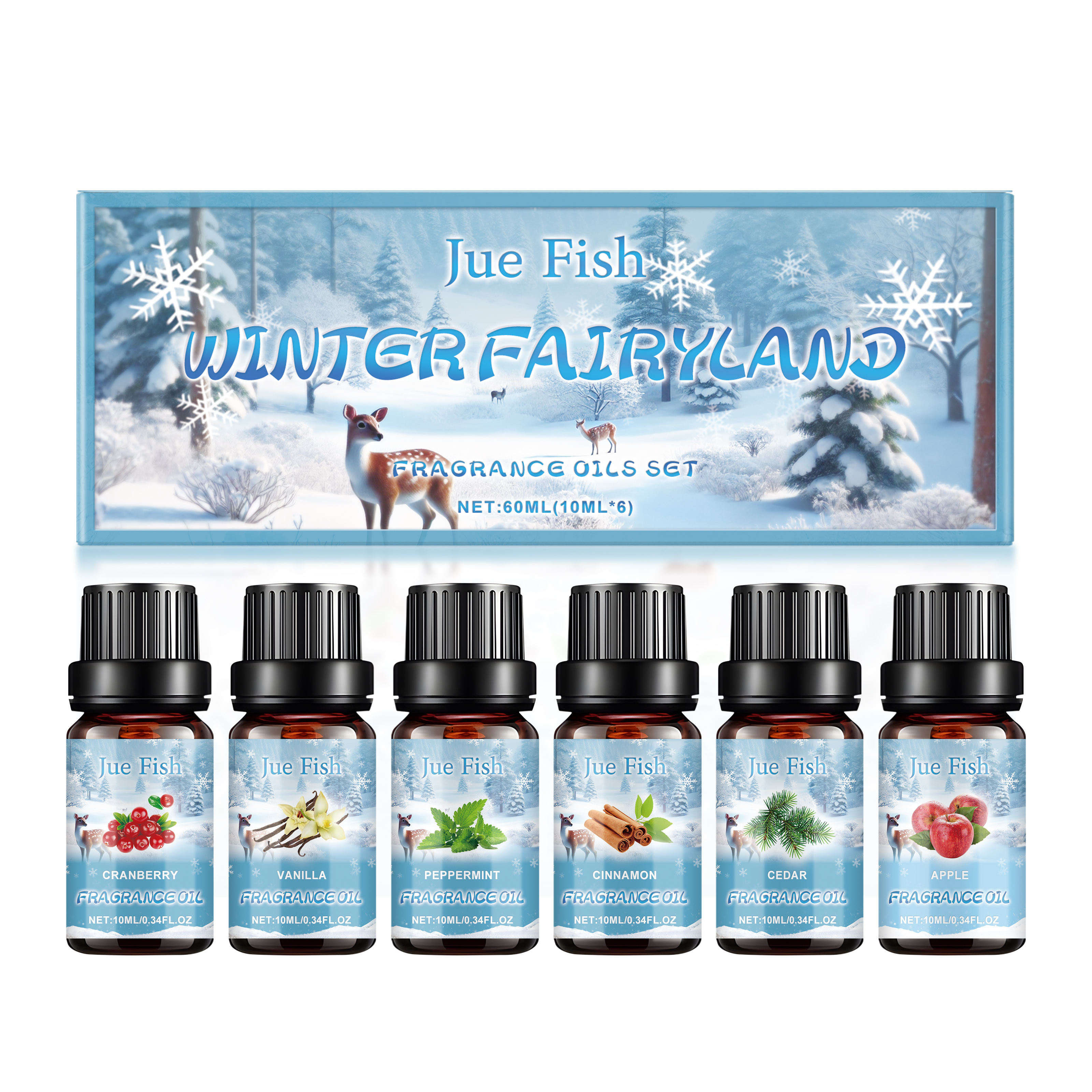 Closed and open Winter Fairyland gift box with six bottles inside