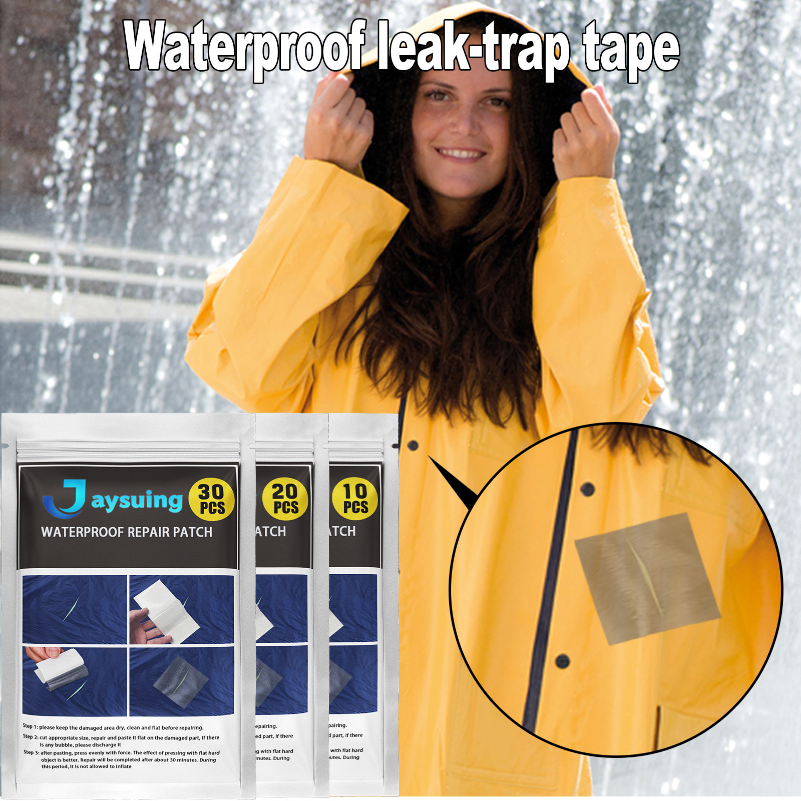 Waterproof patch covering a raincoat tear