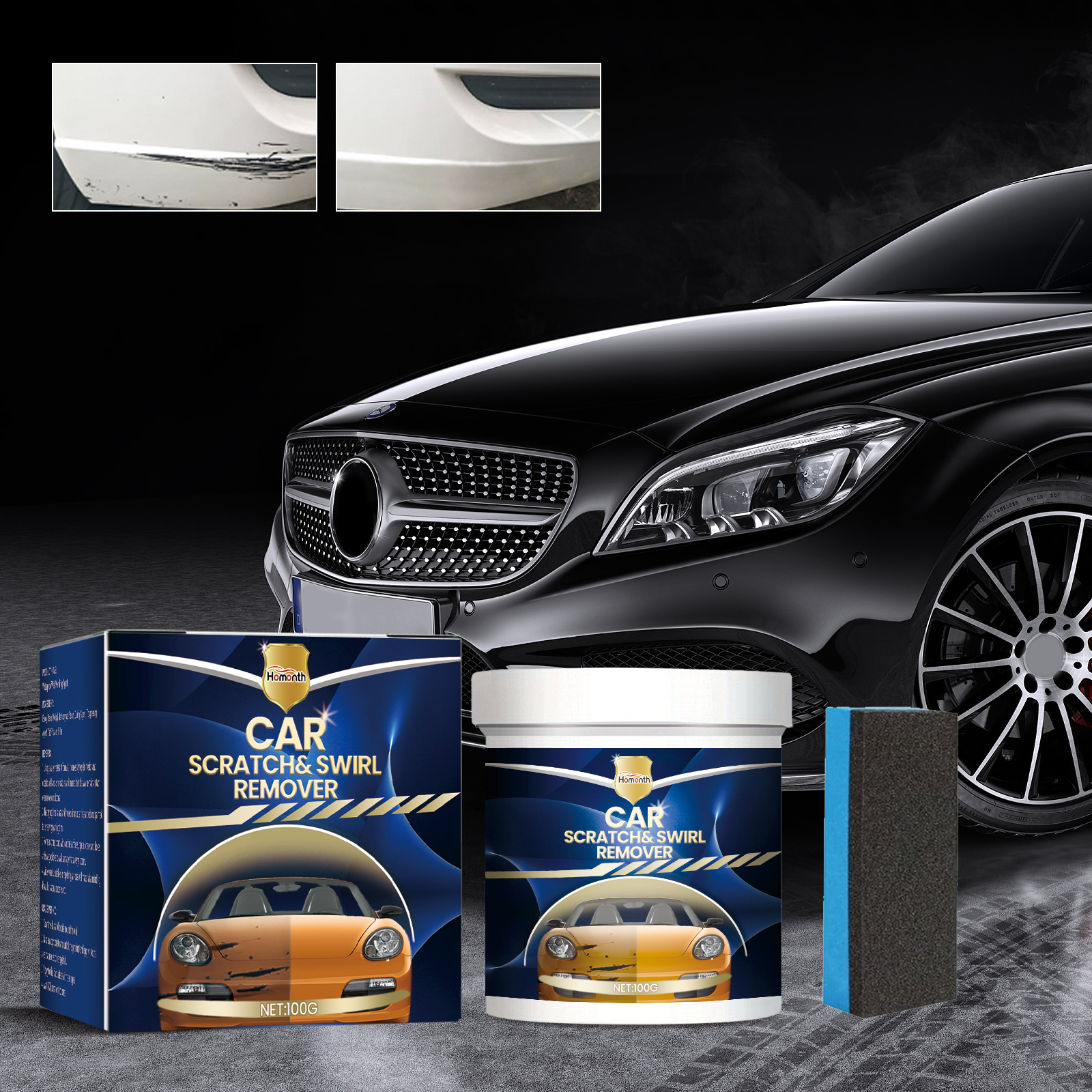 Car scratch remover kit in front of black vehicle
