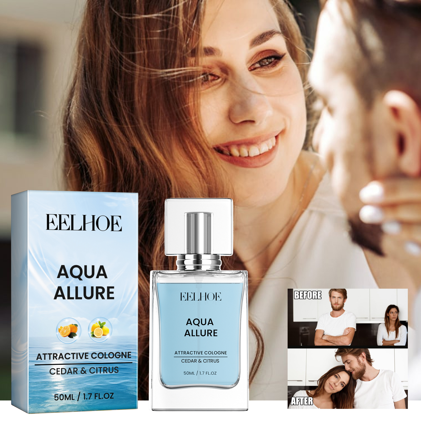 Aqua Allure fragrance beside a smiling couple