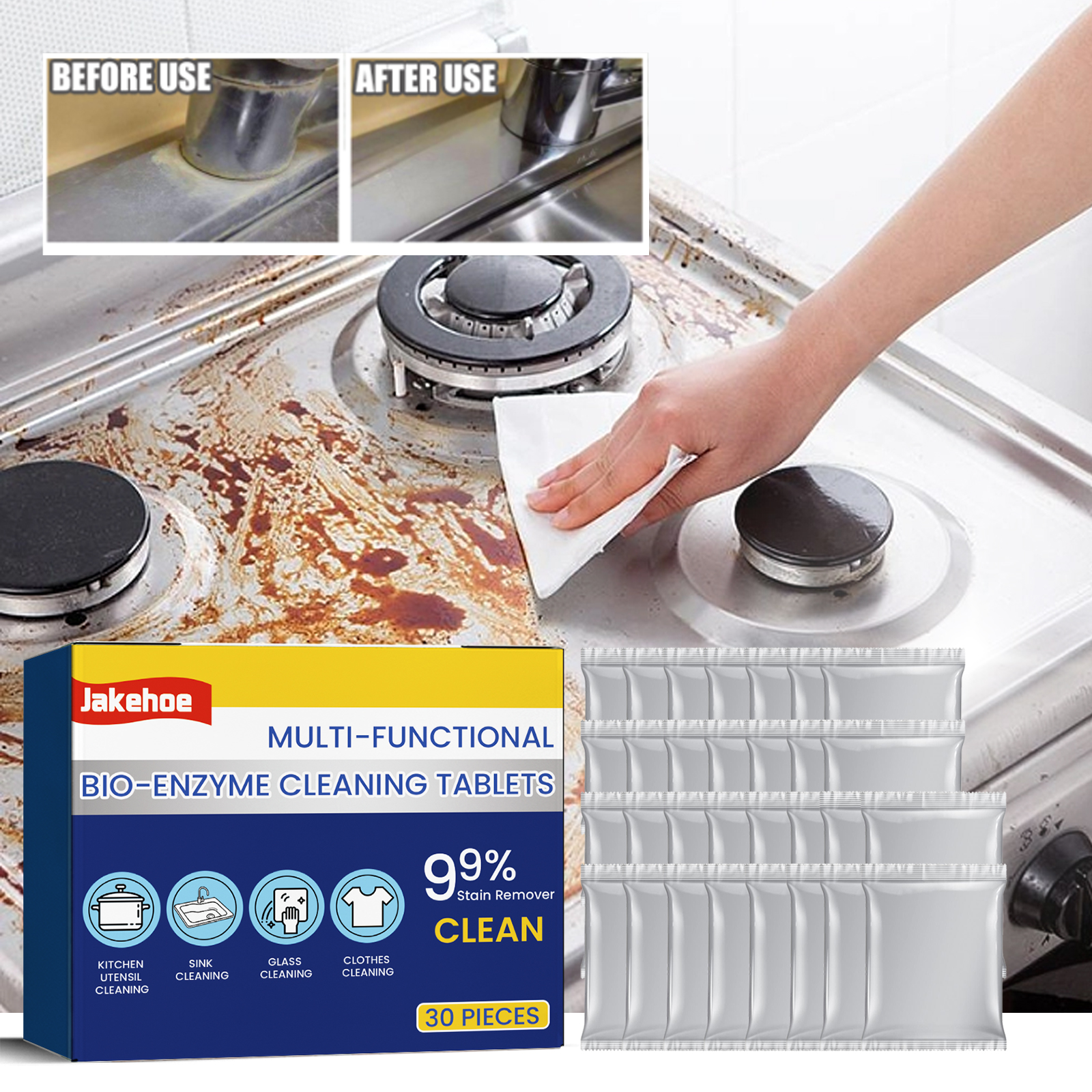 Greasy stovetop before and after tablet cleaning