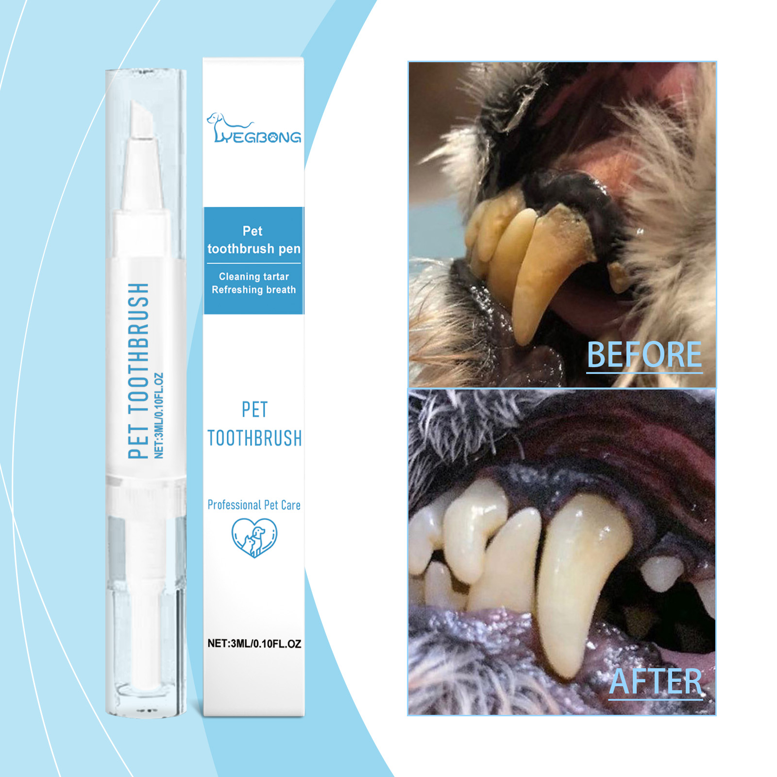 Pet toothbrush pen beside cleaner looking dog teeth