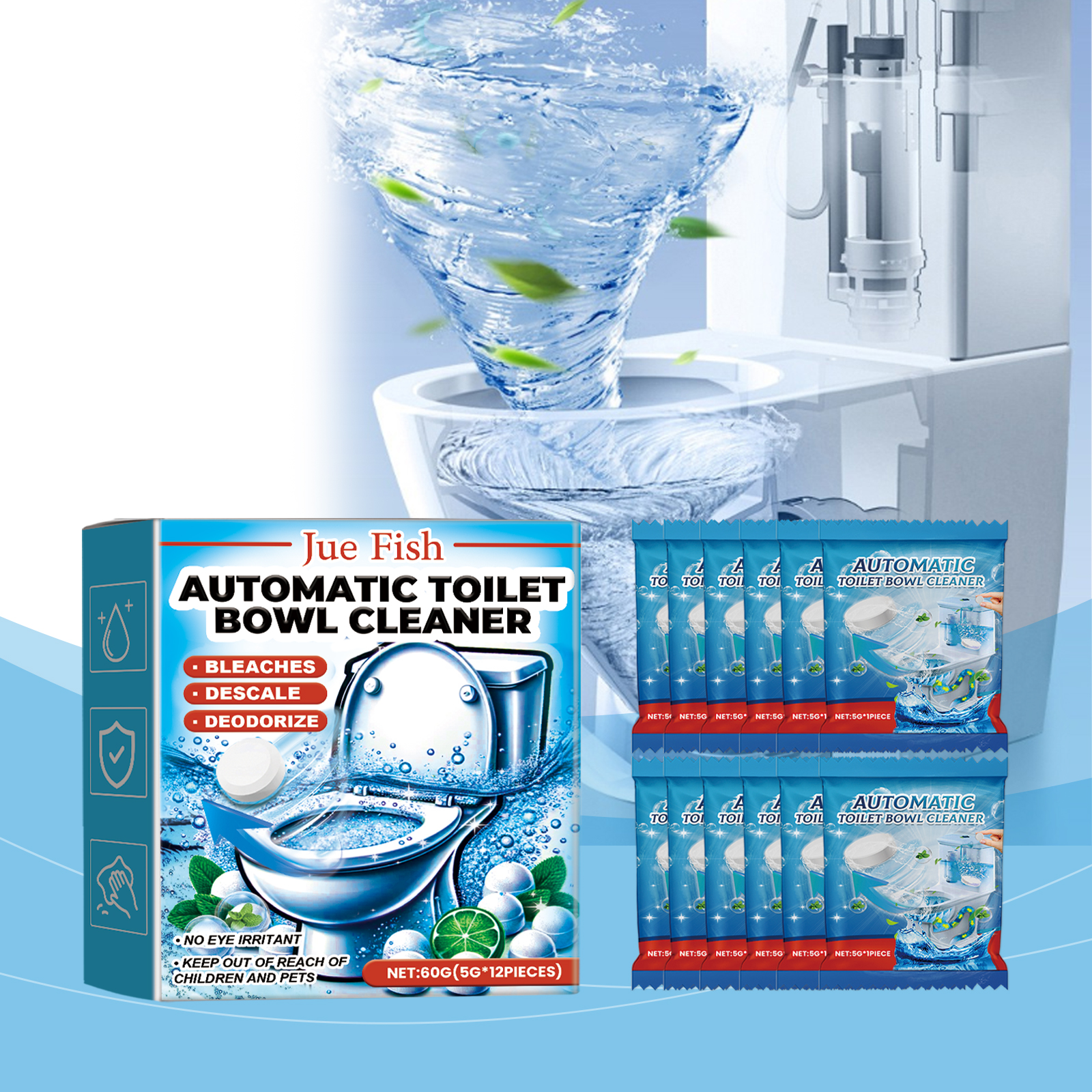 Toilet cleaner packaging in bright water-themed bathroom scene