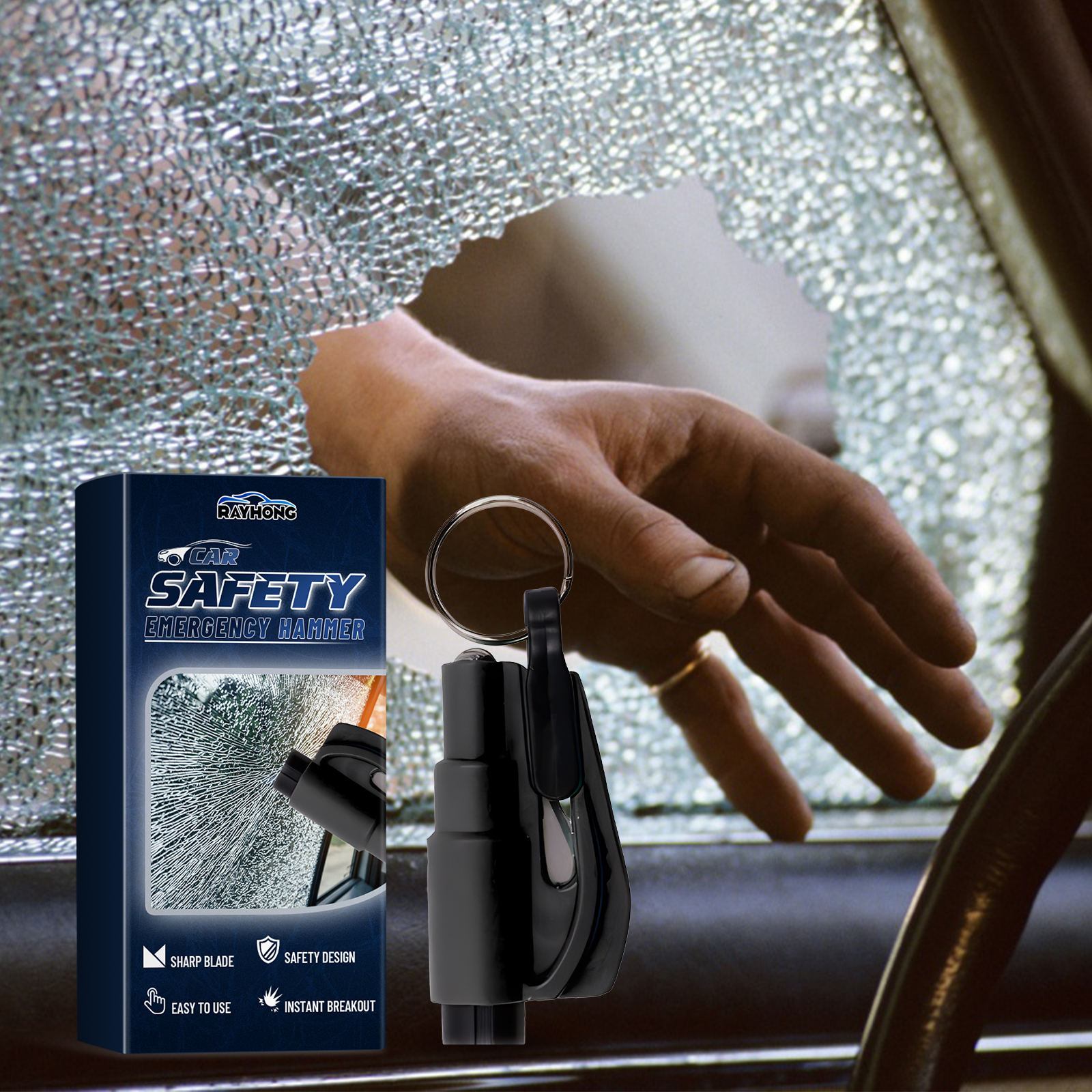 Emergency hammer positioned near shattered automotive glass