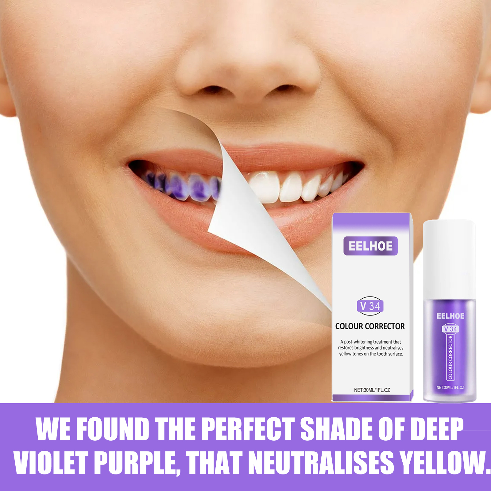 Purple formula shown beside a brighter smile