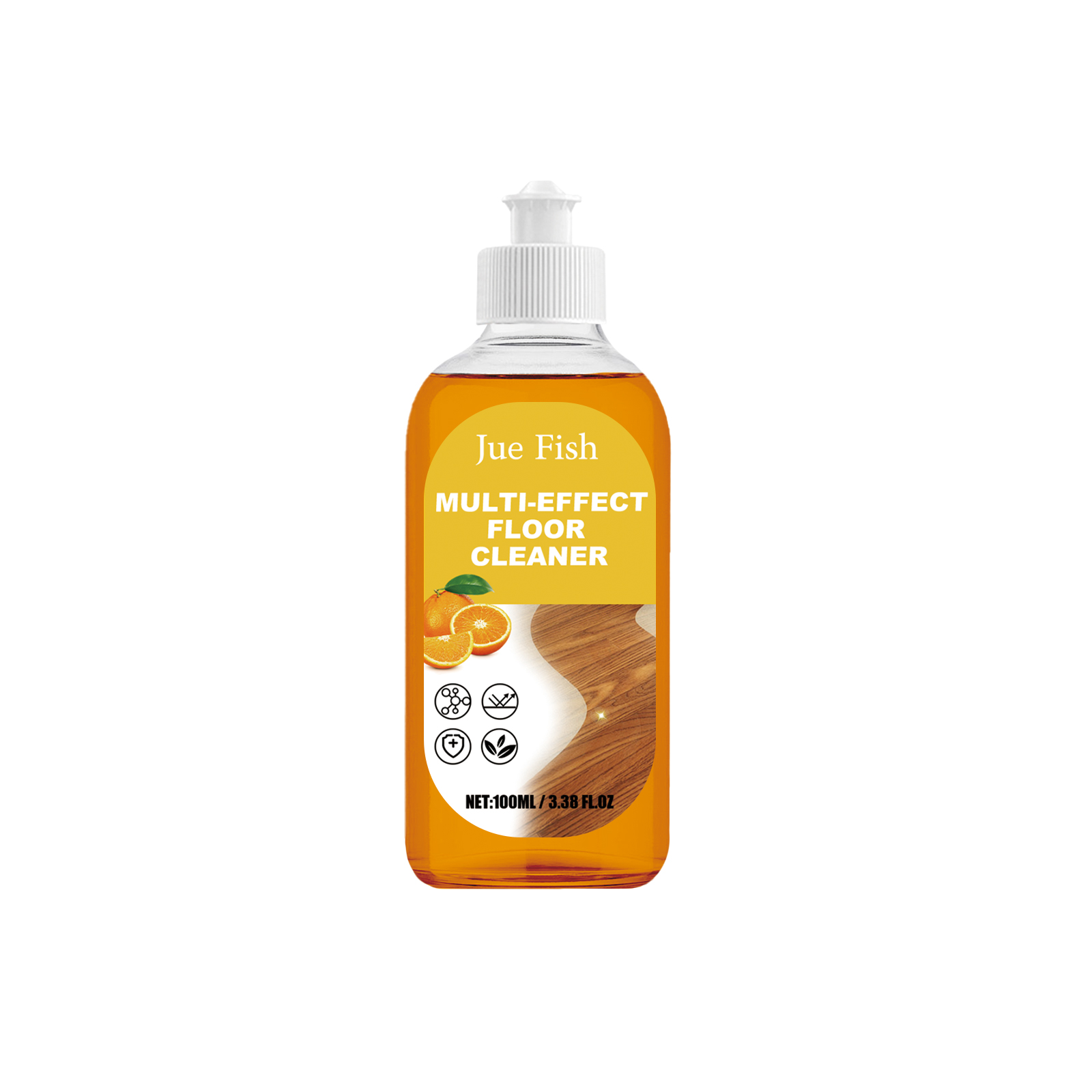 Transparent compact bottle with orange liquid and ribbed cap