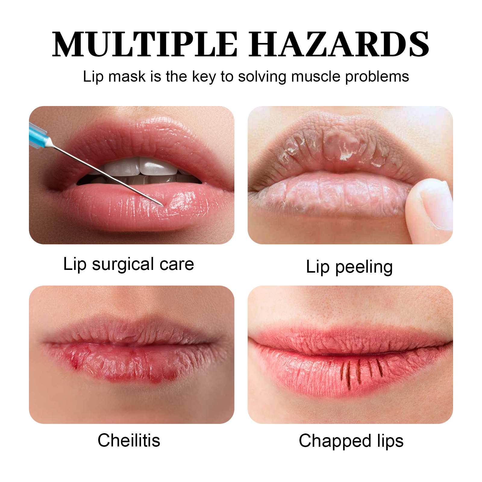 Dry peeling and chapped lip concerns shown beside mask