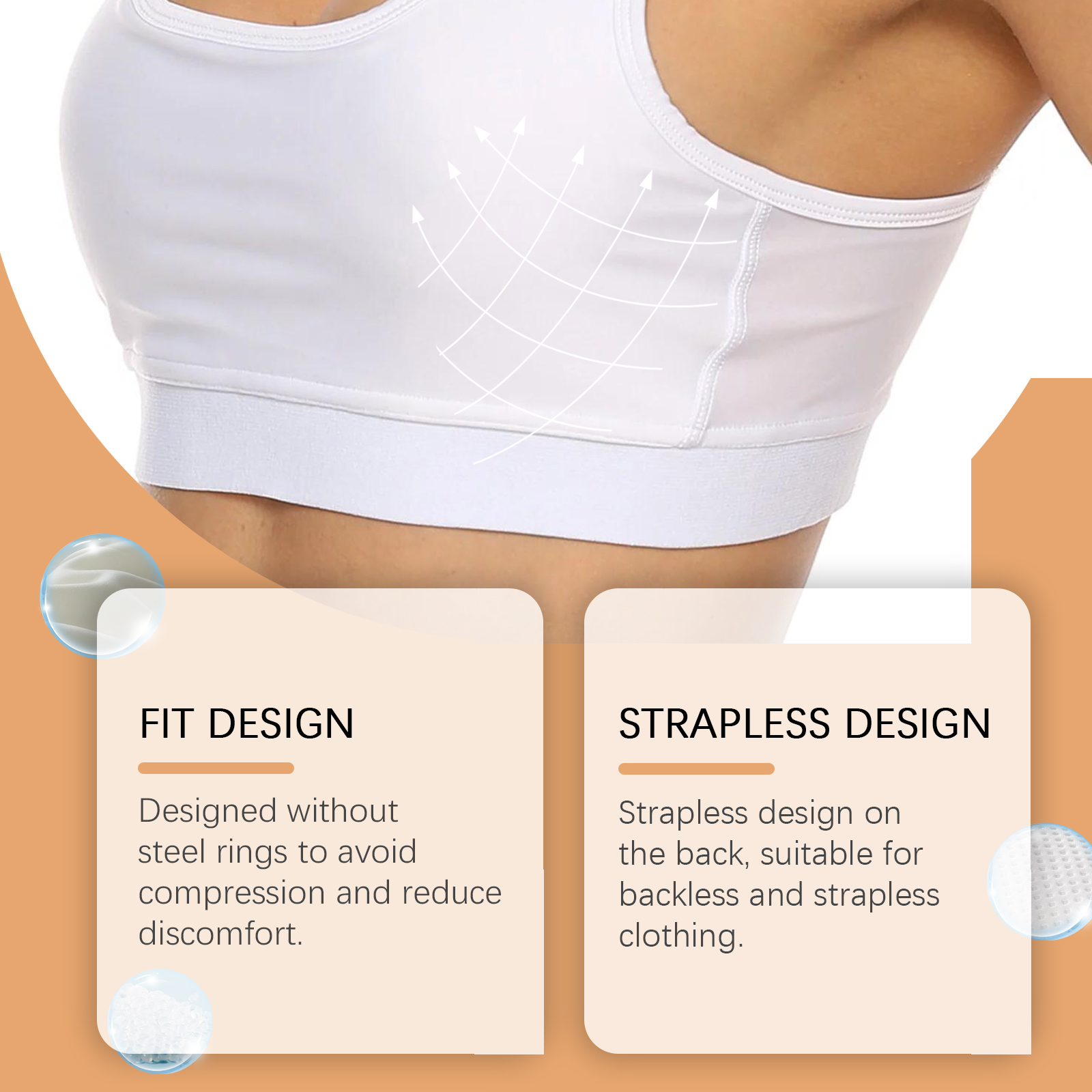 Fit-focused adhesive cups shown under a fitted top