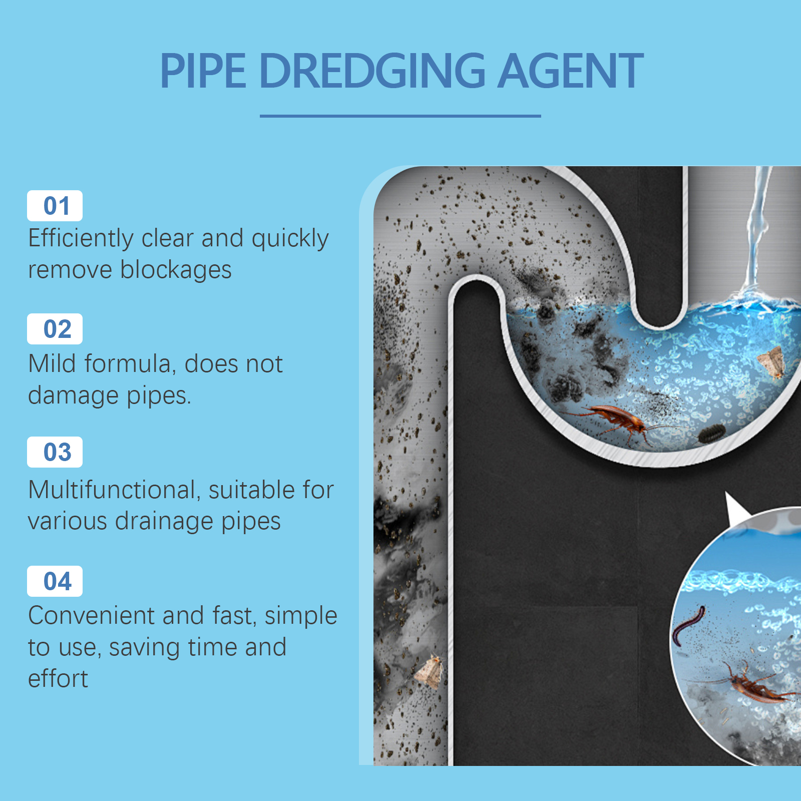 Blocked pipe illustration with drain cleaner benefit details