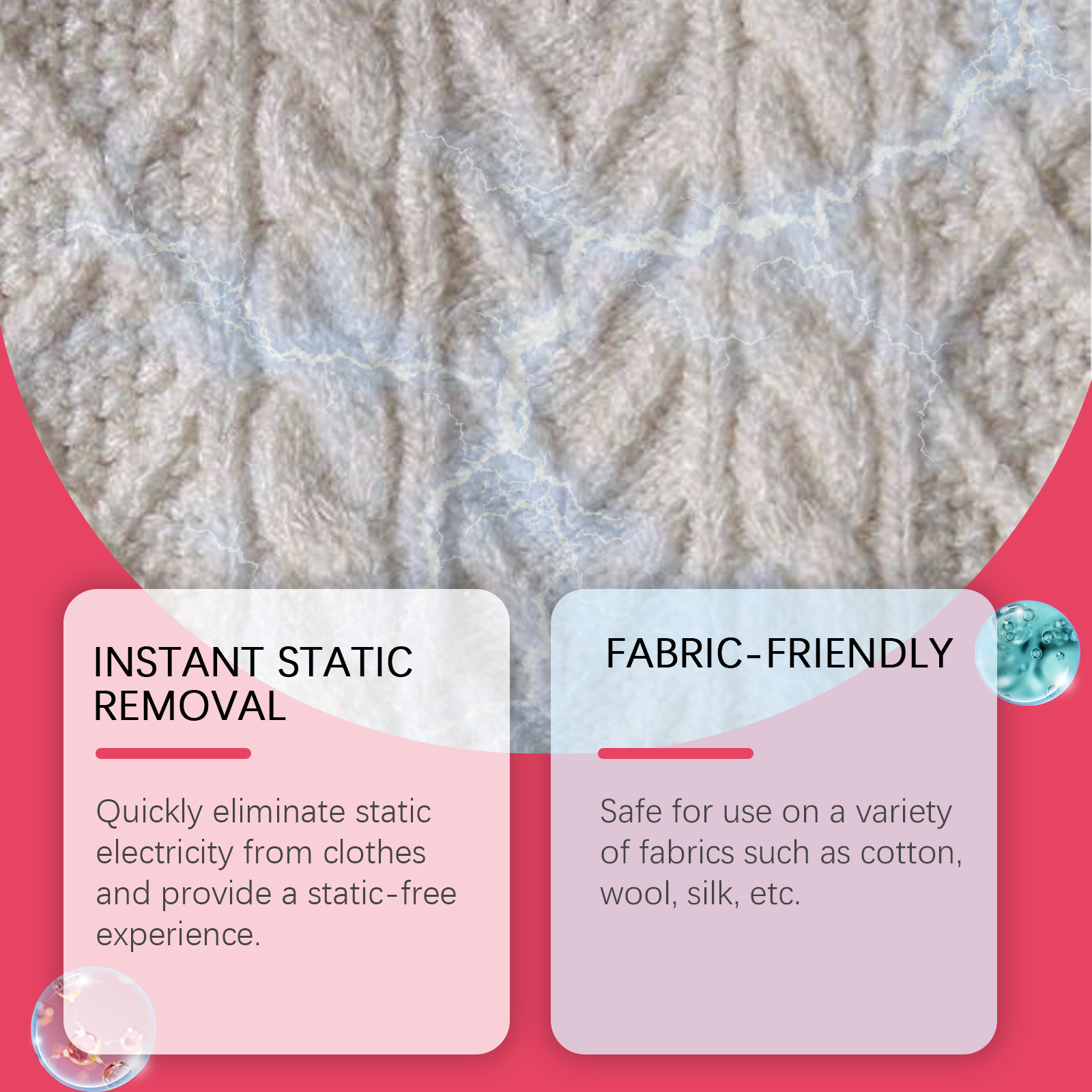 Knitted fabric with instant static removal message