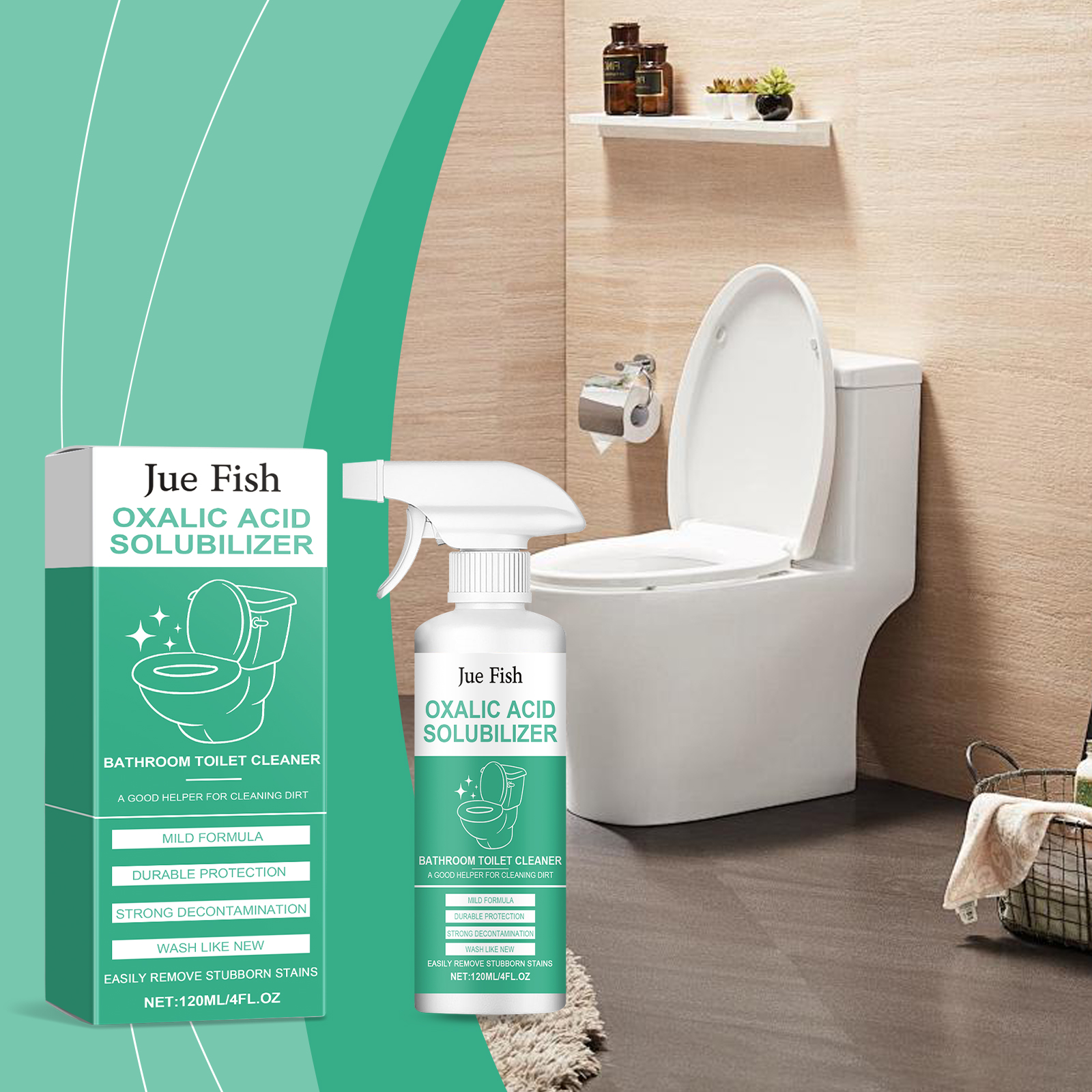 Toilet cleaner displayed beside clean bathroom toilet