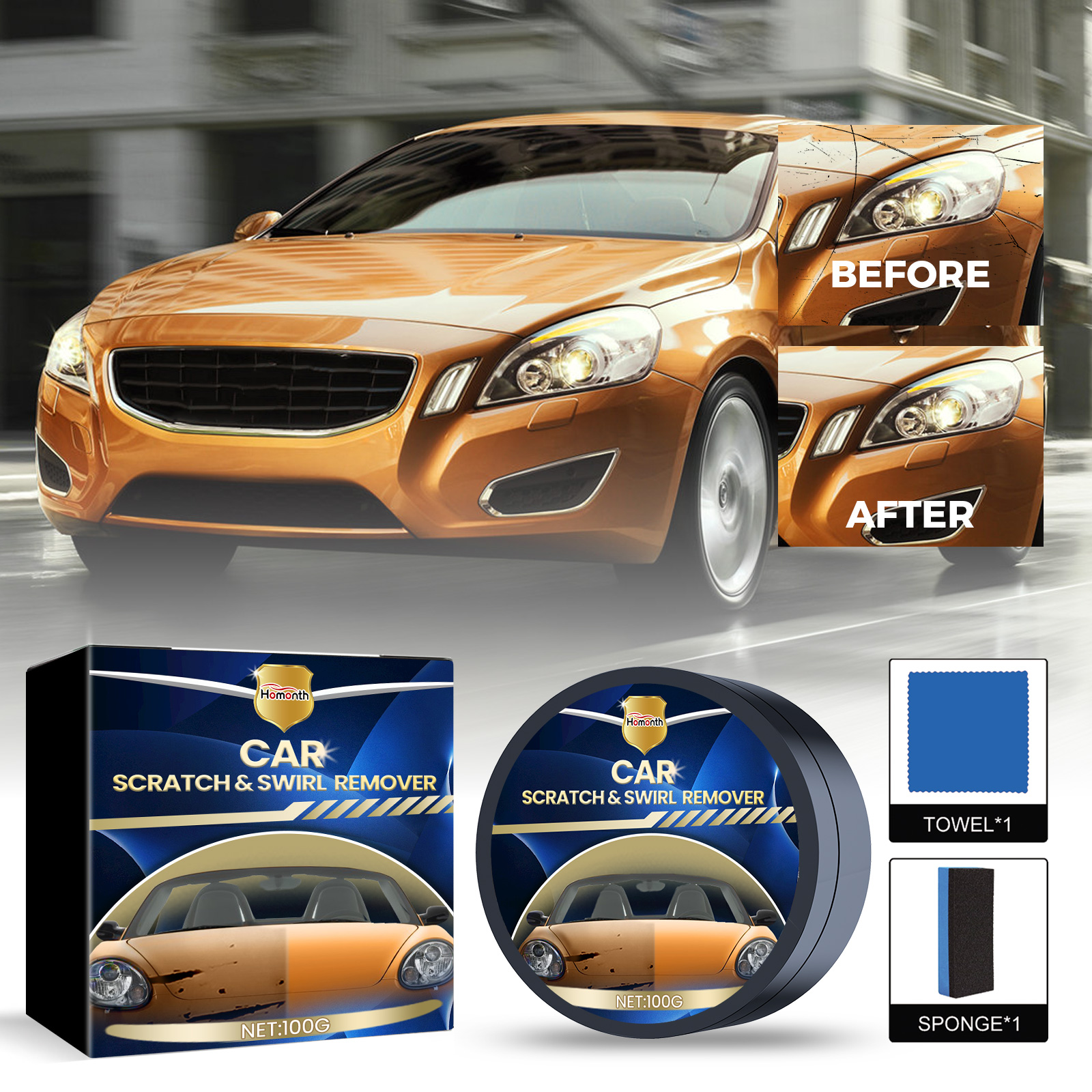 Car panel before and after scratch reduction treatment