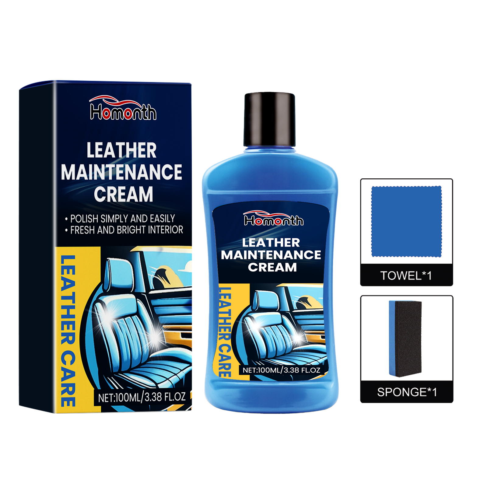 Complete leather care set with bottle towel sponge