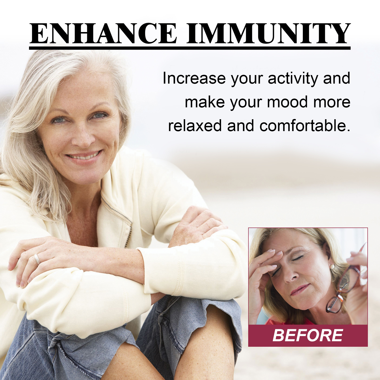 Mature woman with stressed expression before transformation in before/after split