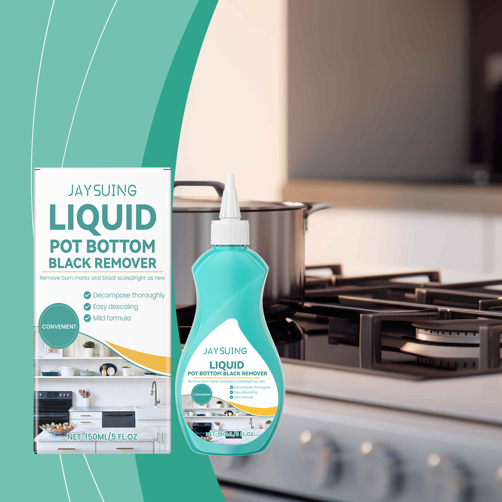 Pointed nozzle cleaner bottle staged near a kitchen stove