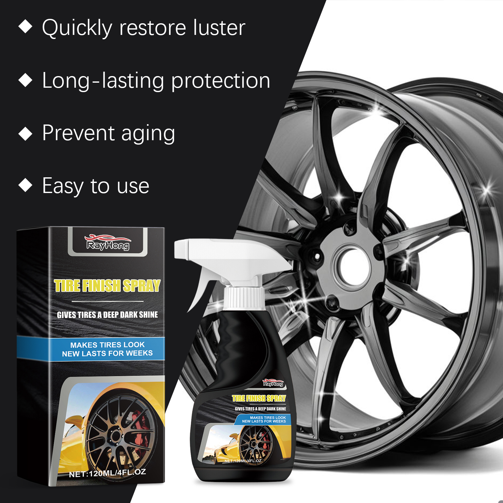 Tire care spray beside polished wheel and automotive packaging