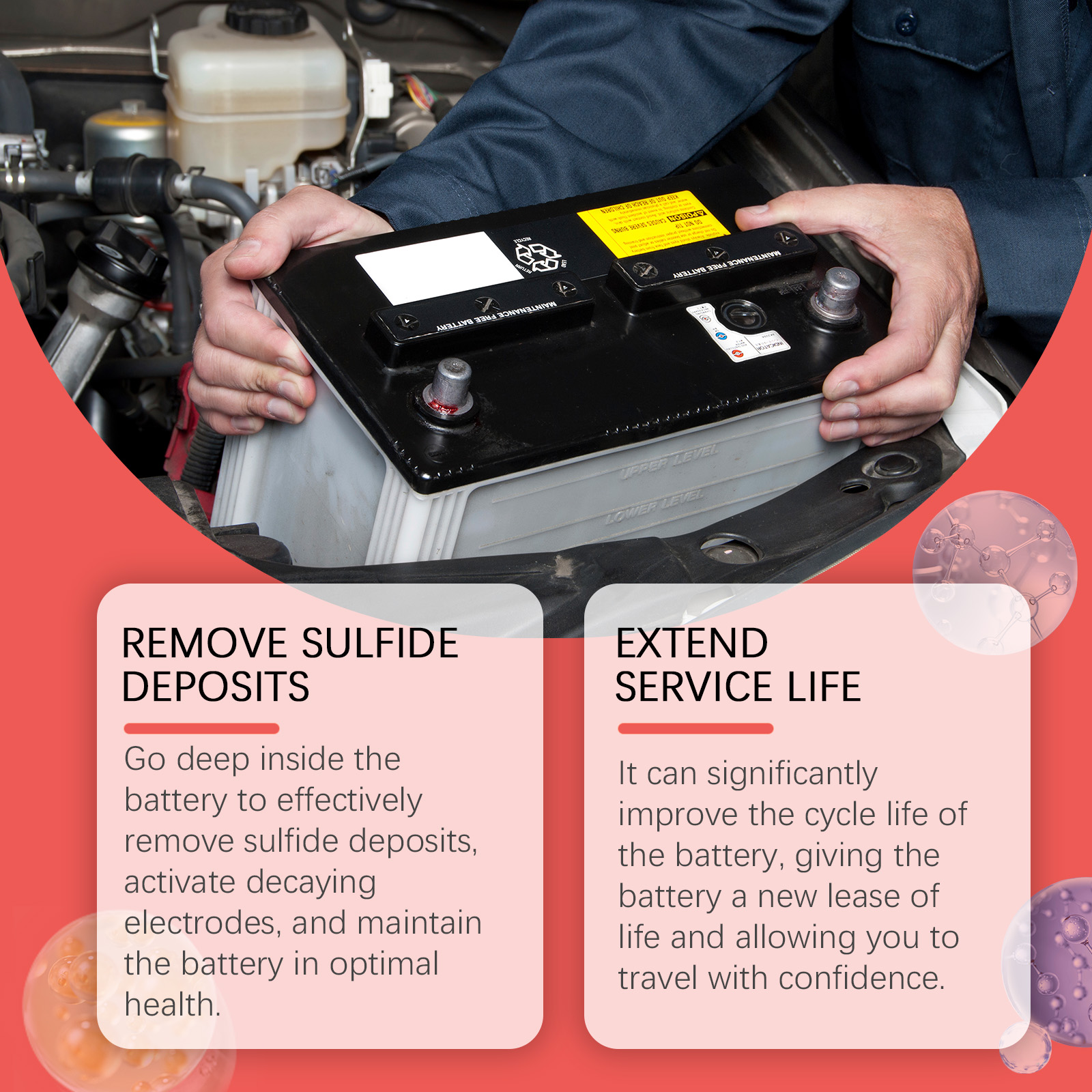 Technician servicing vehicle battery near engine bay