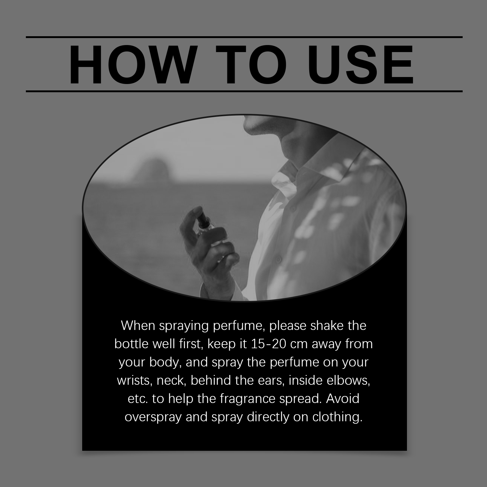 Perfume spray instructions showing wrists neck and inner elbows