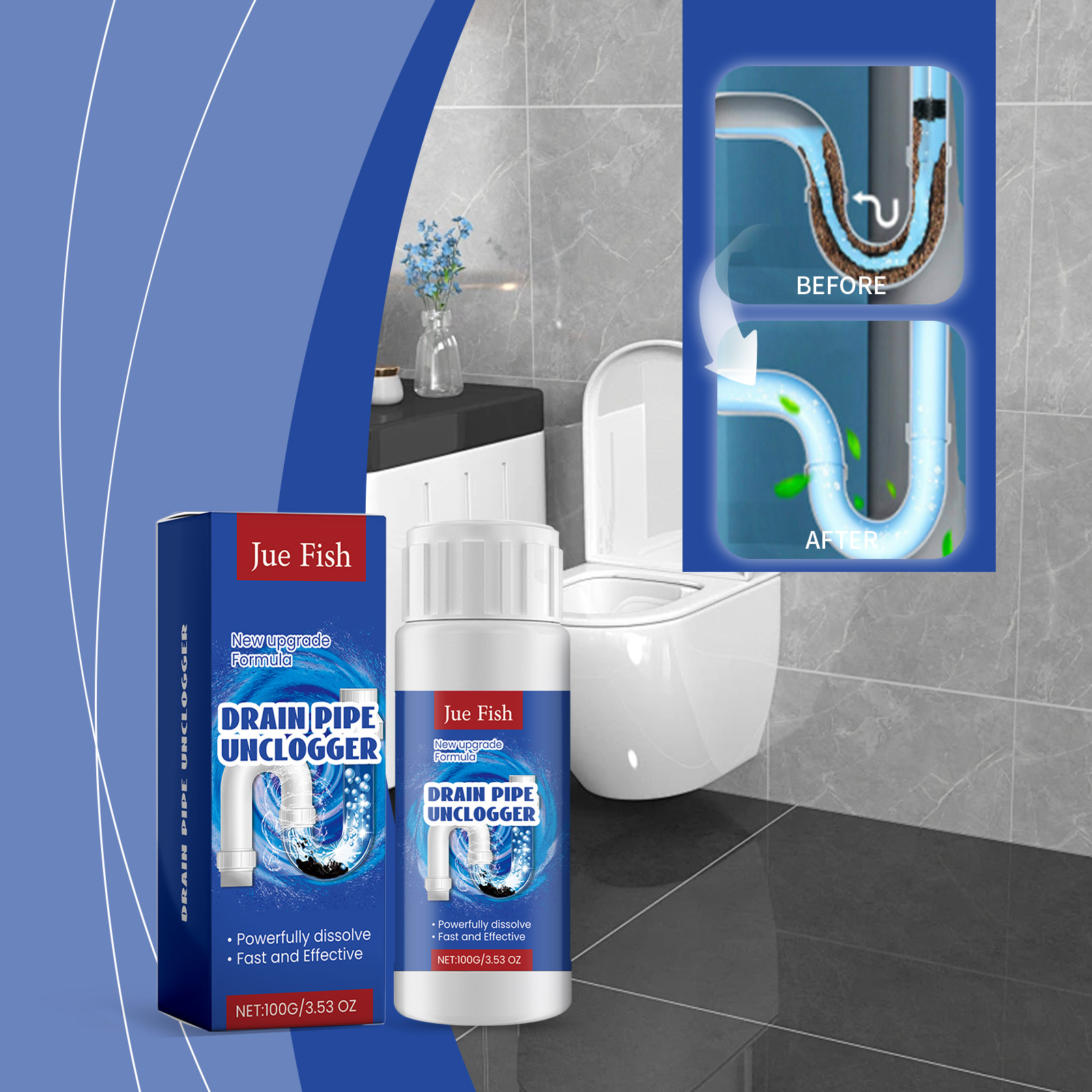 Bathroom drain cleaner beside toilet with clogged pipe graphic